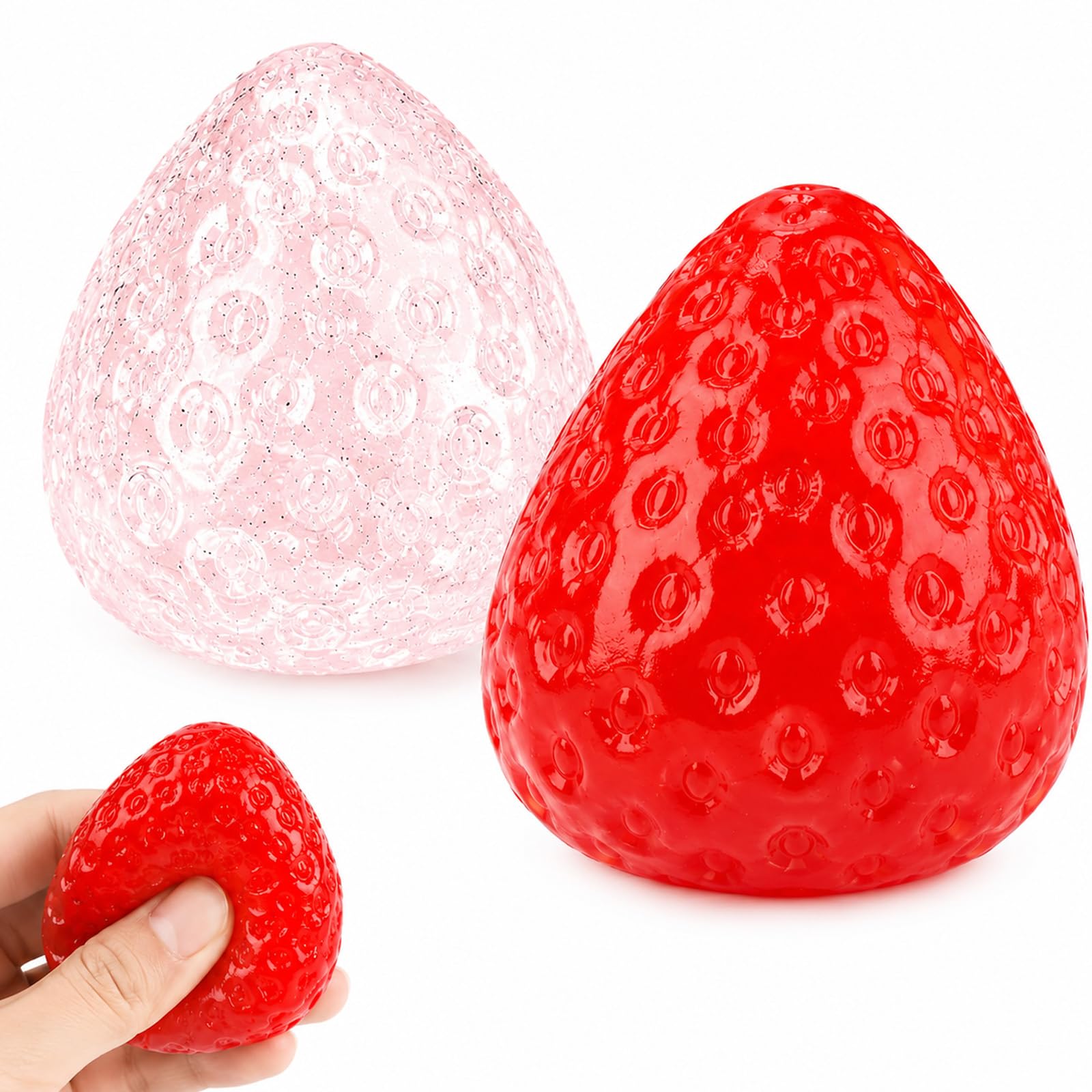 2 PCS Large Strawberry Squishy Set with One Transparent Design, Portable Soft Squeezing Companion for Office Desk, Travel and Daily Relaxation for Adults