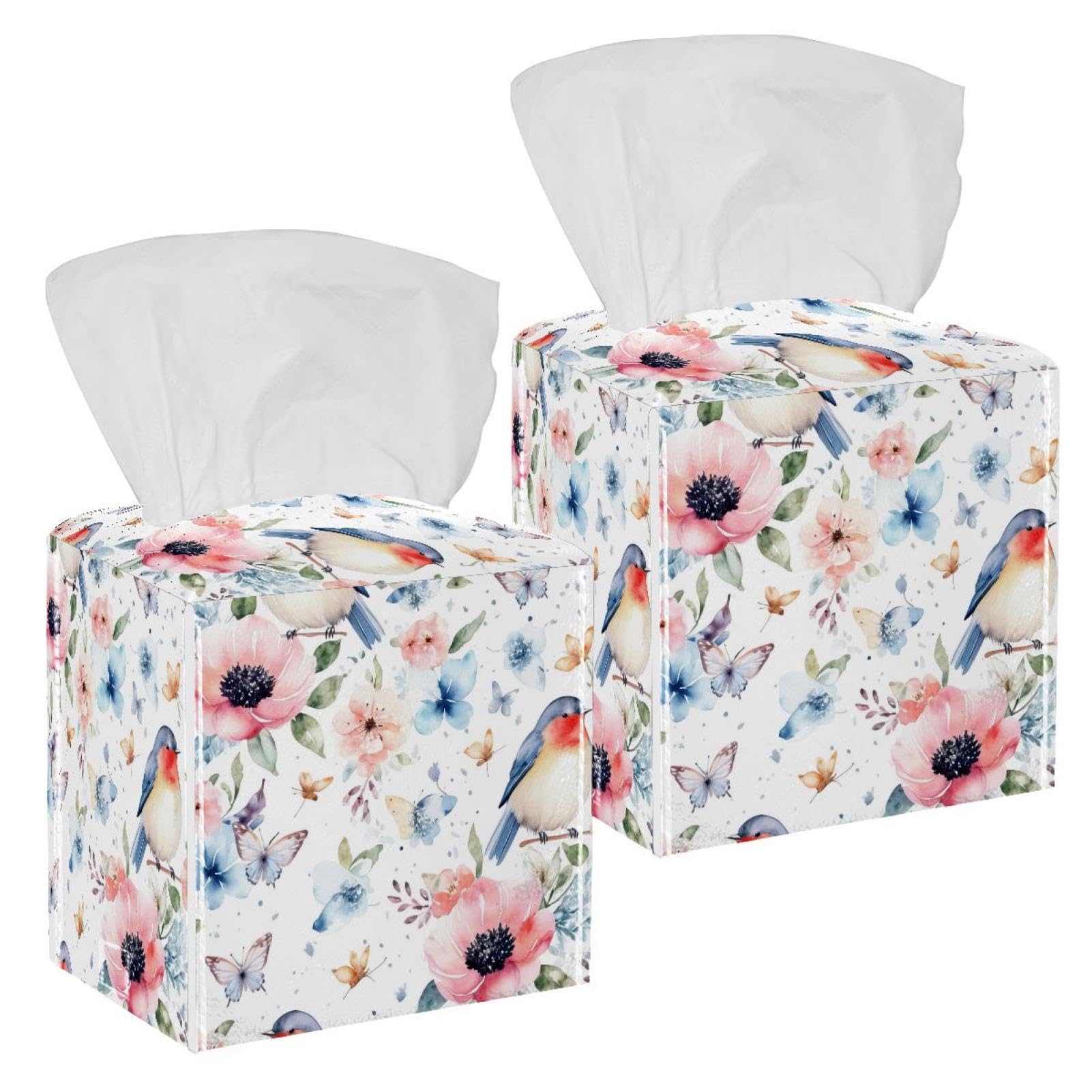 Aesthetic Butterfly Tissue Box Cover, 2 Pack PU Leather Square Facial Tissue Dispenser Box holder for Home Office Car