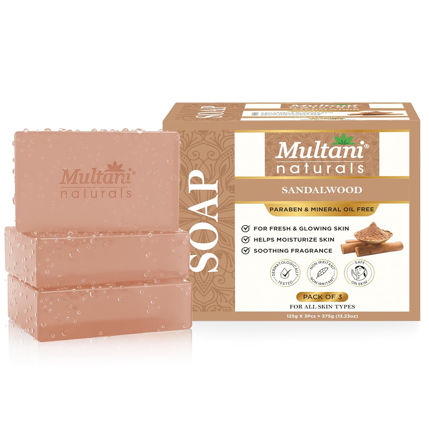 Multani Natural Sandalwood Ayurvedic Soap For Bath (125 Gm – Pack Of 3) | For Hydration & Glow | Helps Rejuvenate Dull & Tired Skin | Paraben Free | Clinically Tested | For All Skin Types | Soap Bar For Men & Women