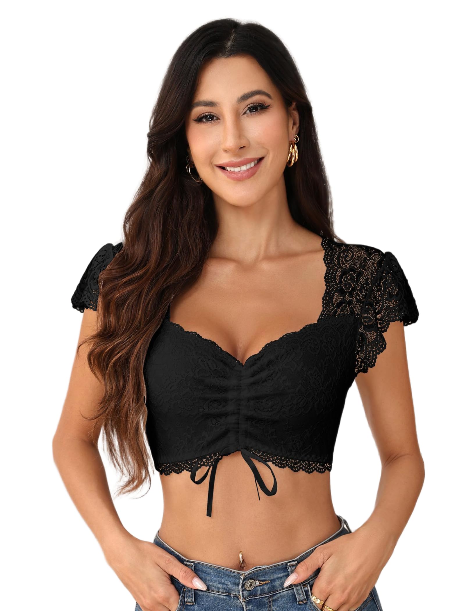 Zeagoo Damen Dirndlbluse Sexy V Ausschnitt Dirndl Bluse Spitze Bequem Bluse | Elegant Kurzarm Kordelzug Trachtenbluse für Oktoberfest Weiß Schwarz XS-3XL