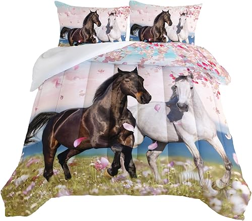 Miniatura 1 de HOSIMA Juego de ropa de cama de caballo para niñas, diseño de animales de granja de primavera con patrón de flor de cerezo rosa, juego de edredón