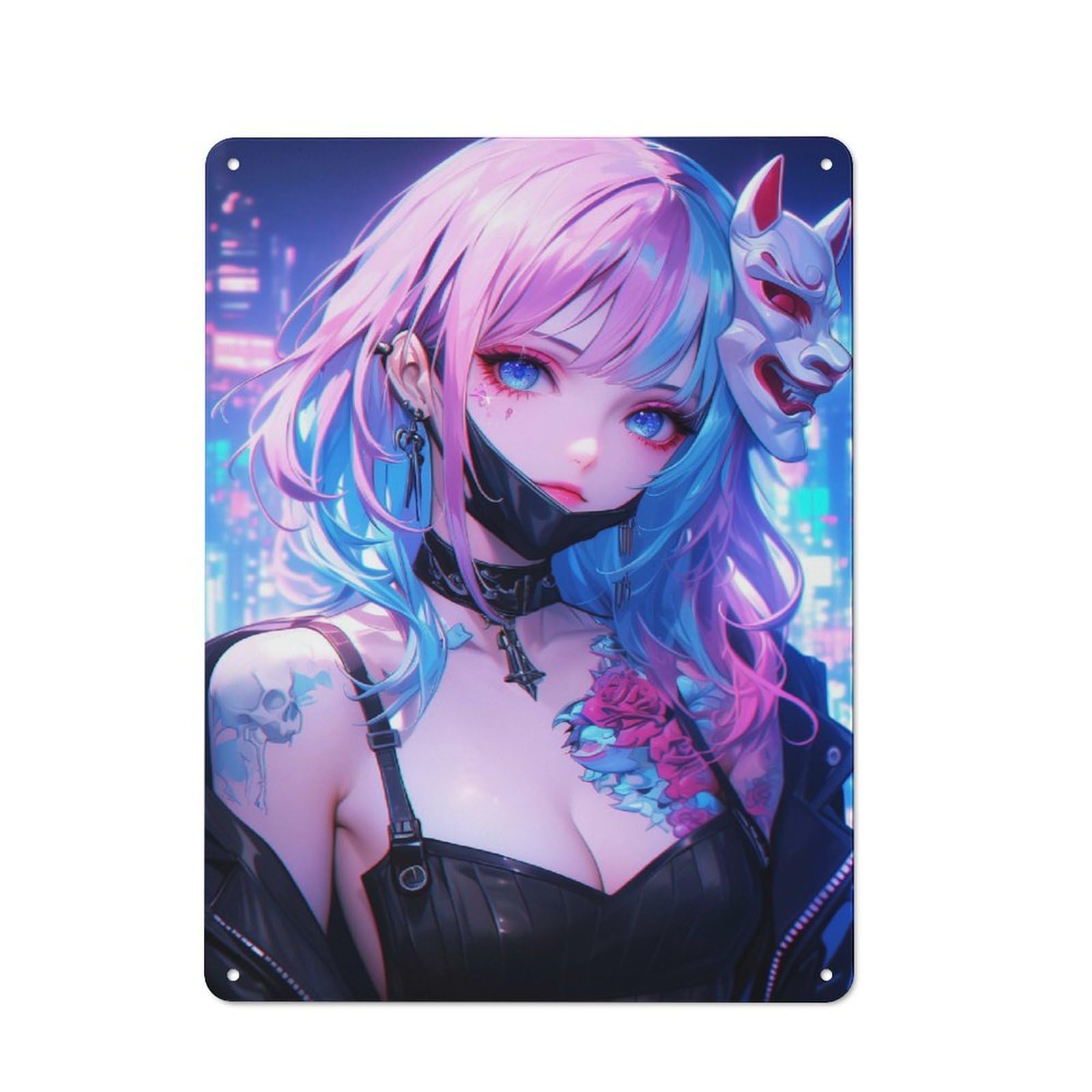 Anime Oni Girl Decorative Metal Plaque, Bright Printed Design, for Washroom, Small Wall Space Or Hallway, 40x30cm