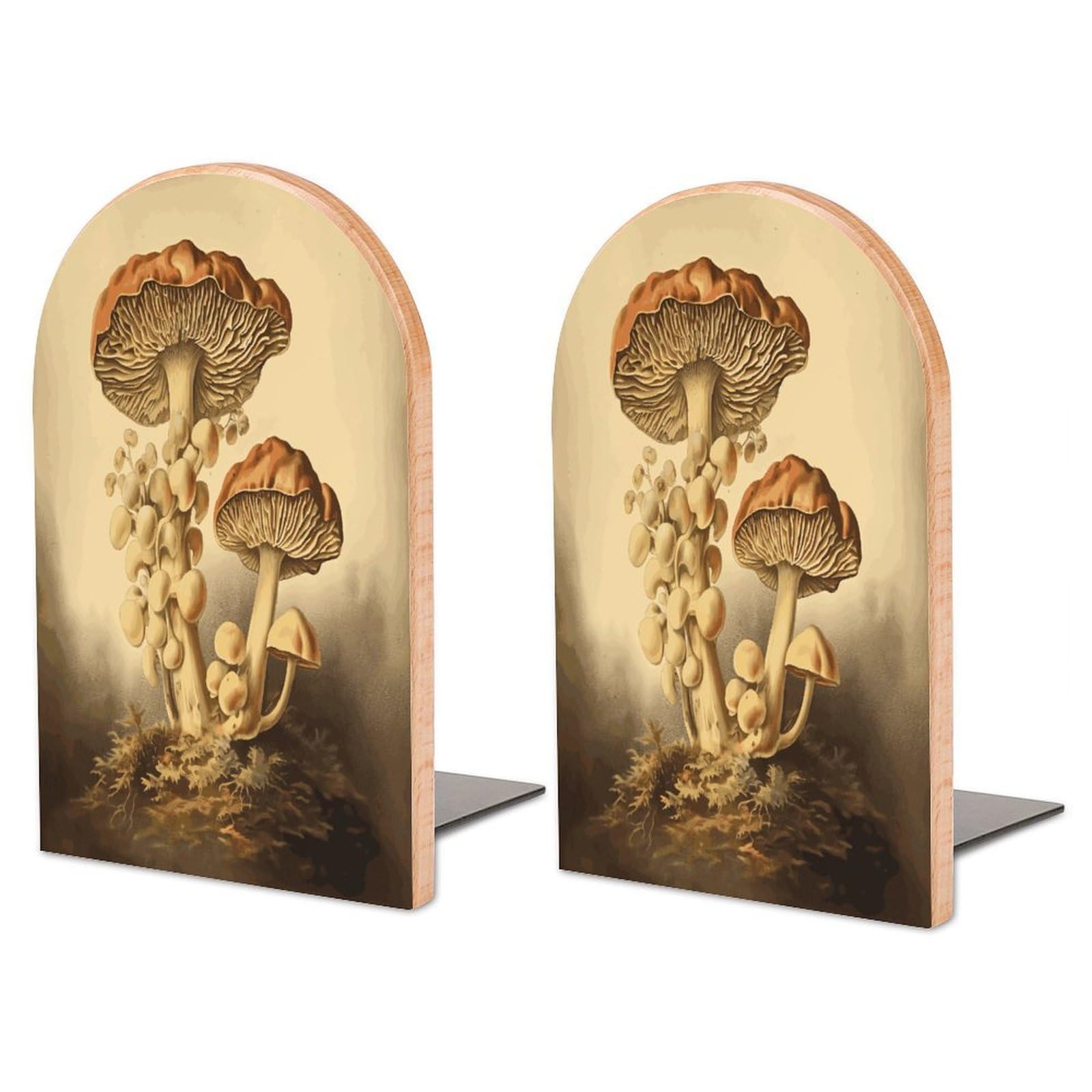 Large Vintage Mushrooms Book End with Metal Base Fashion Heavy Duty Bookend Exquisite Wooden Bookends Non-Skid Book Stopper for Shelves Books Organizer for Office Home 1 Pair