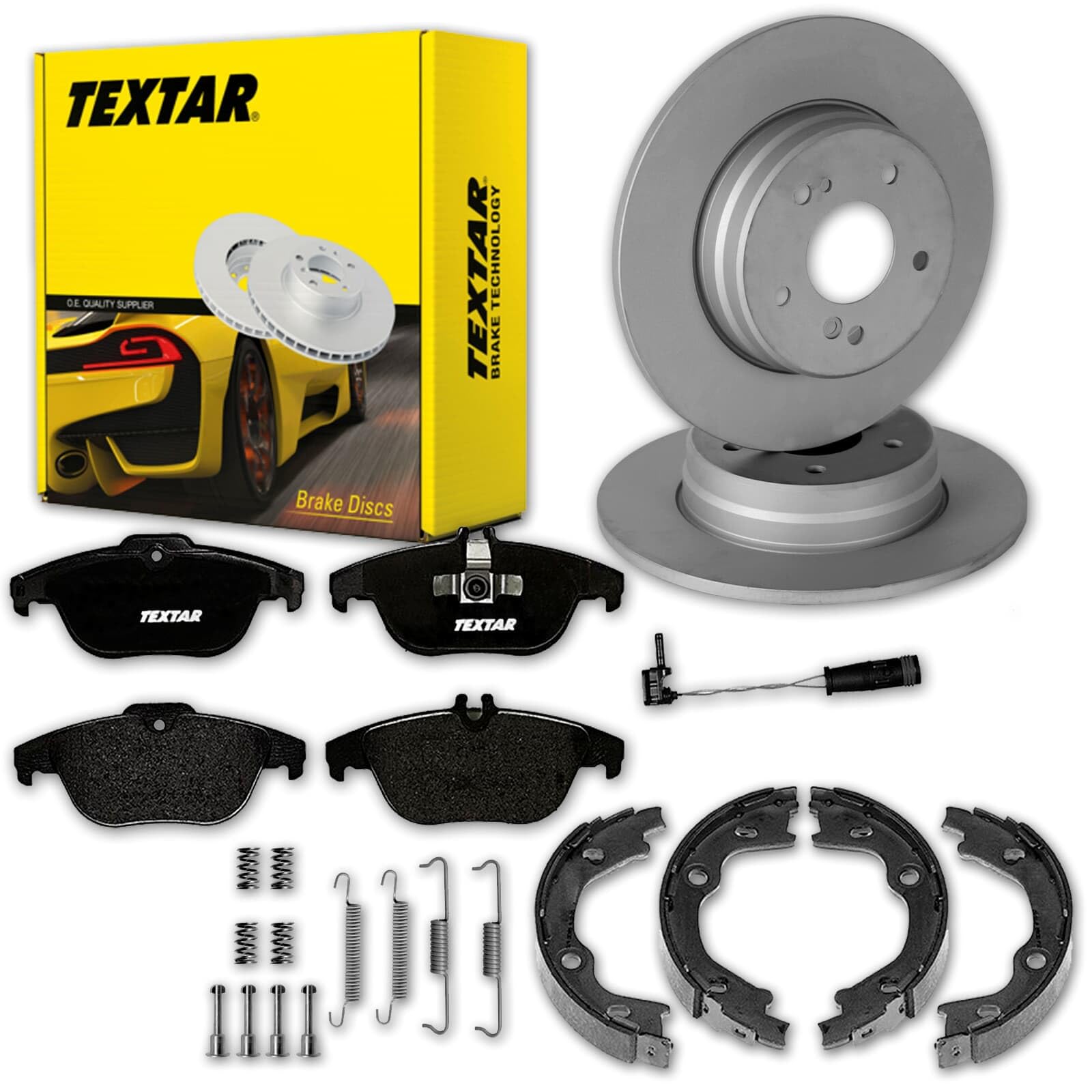 Textar Bremsscheiben + Beläge + Handbremse hinten | 92163303 + 2425301 + 91066900 + 98024701 Kompatibel mit C-Klasse (W204),C-Klasse Coupe (C204),C-Klasse T-Model (S204)