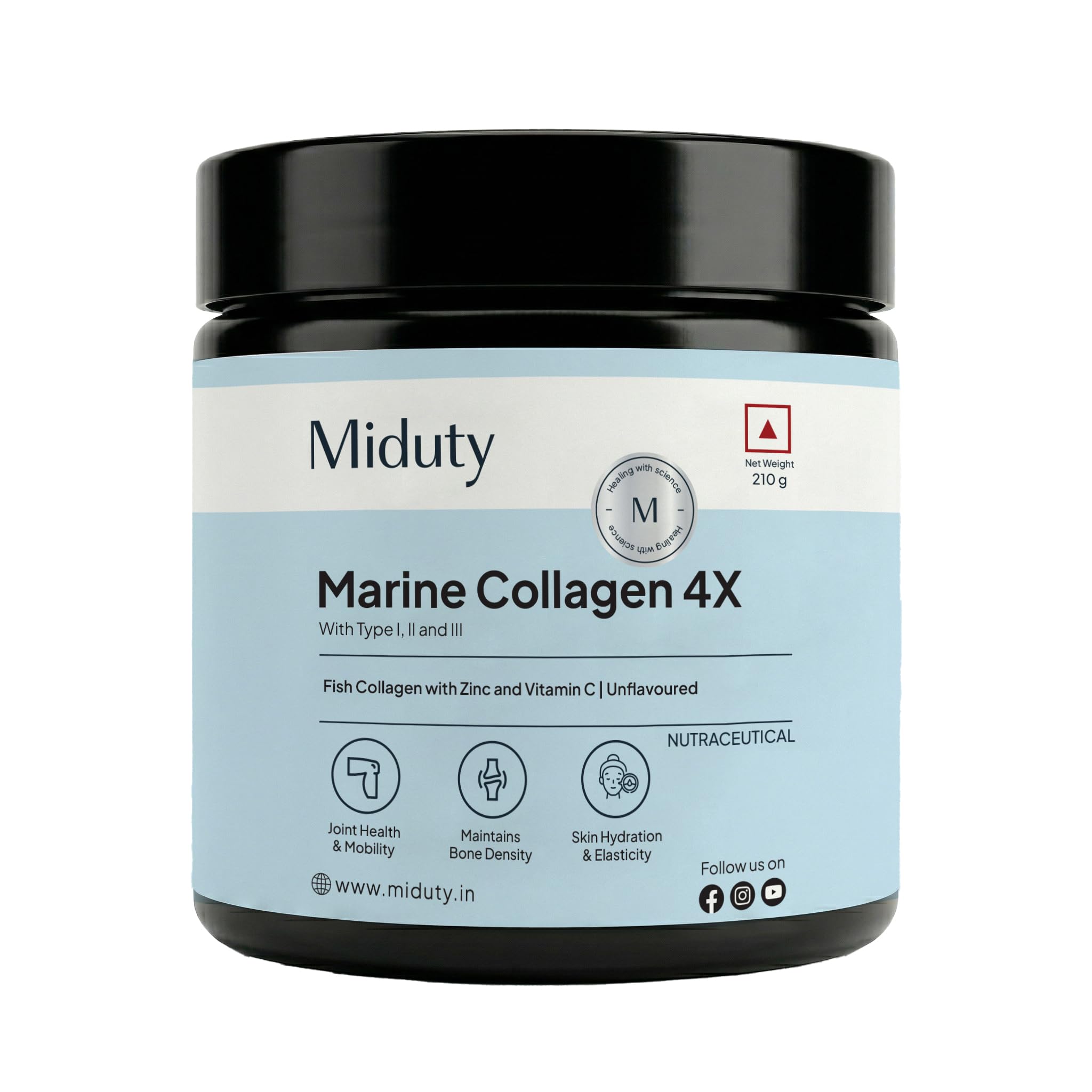 Miduty Marine Collagen Powder - Hydrolyzed Collagen Peptides - Wild-caught Fish - Type 1, 2 & 3 - Anti-aging - Skin elasticity- Joint pain - Bone health - Easy digestion- 210g