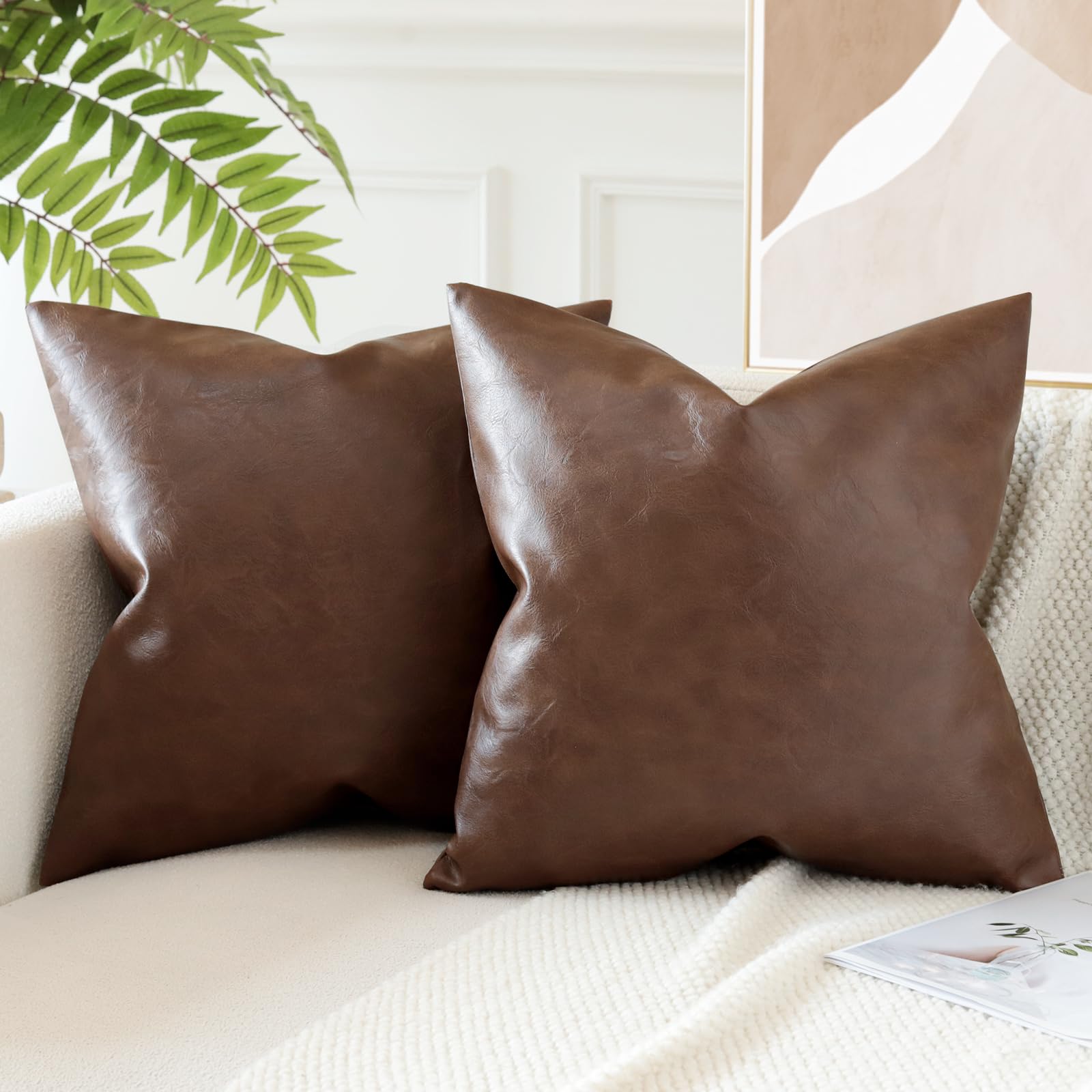 QAWACH Lambskin Leather Pillow Covers - Pack Of 2, 10x18 Inch Rectangle Cushion Cases (Tan Crunch)