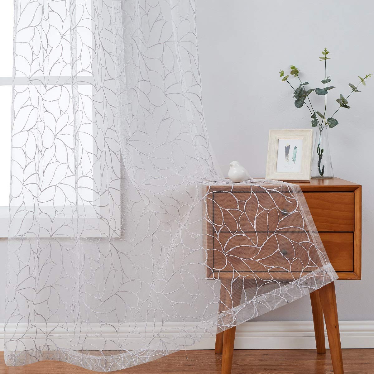 Warm Home Designs Pair of 2 Fully Embroidered Medium Length 54" (W) x 84" (L) White Curtains with Silver Grey Embroidery. Elegant Semi Sheer Net Ds for Living Room, Kitchen, Bedroom.