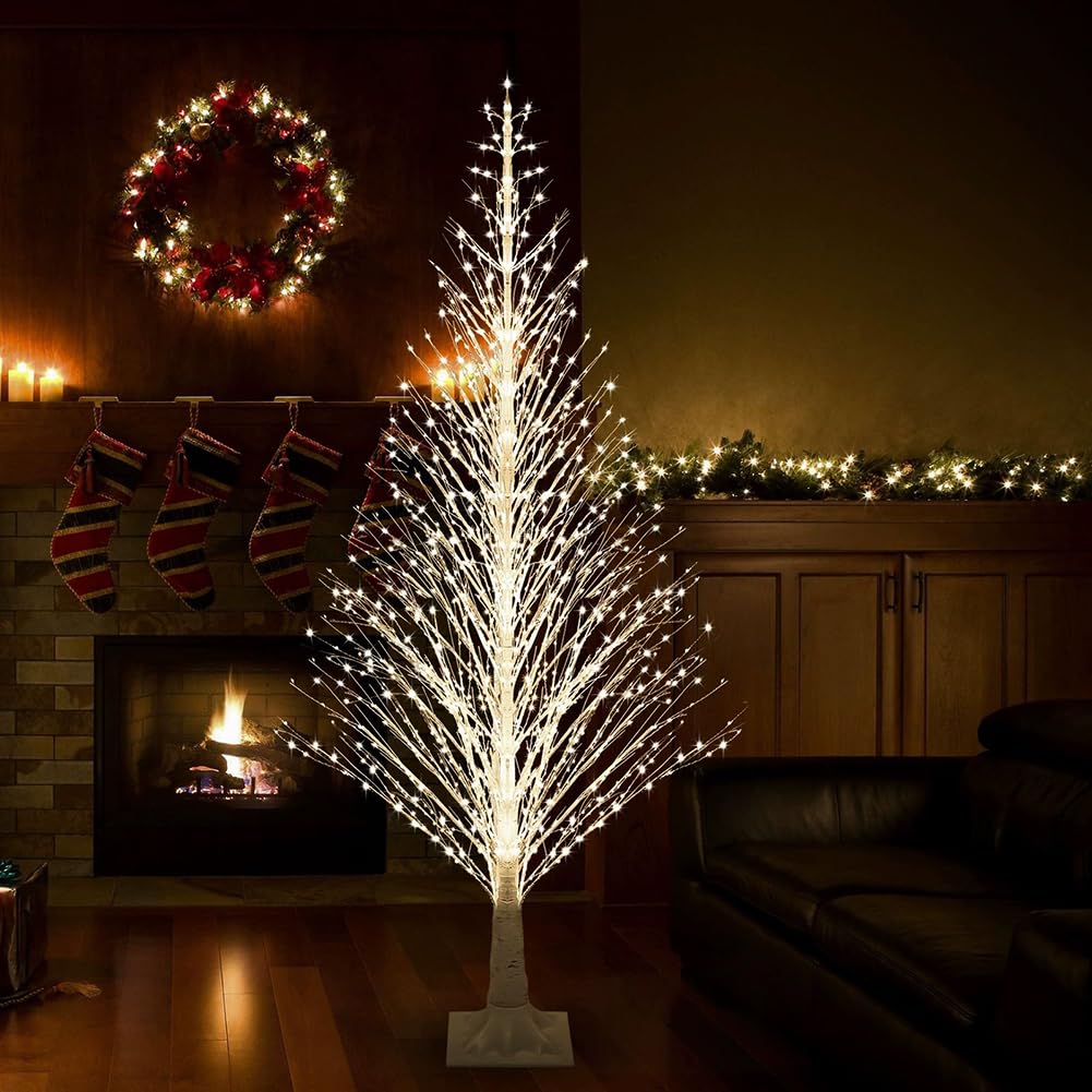 Árbol de Luz LED Árbol de Navidad, Decoración Luces de Árbol Aspecto de Abedul Para Interior y Exterior Blanco Cálido Luces para árbol de Navidad 8 Modos de Iluminación con Mando,120cm
