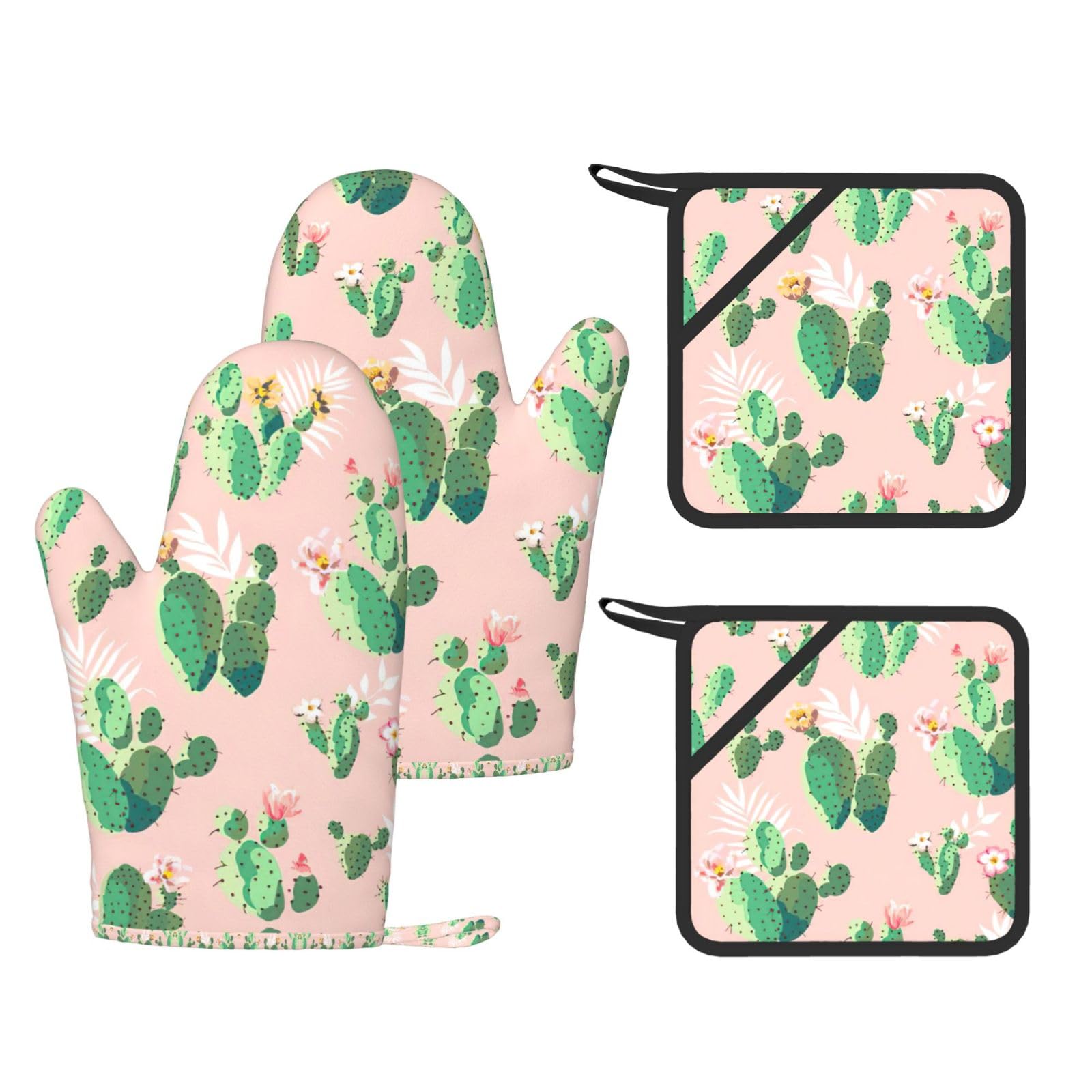 tropical cactus Fashion Printed Kitchen Kit with Heat Resistant Oven Mitts & Non-Slip Hot Pads for Baking