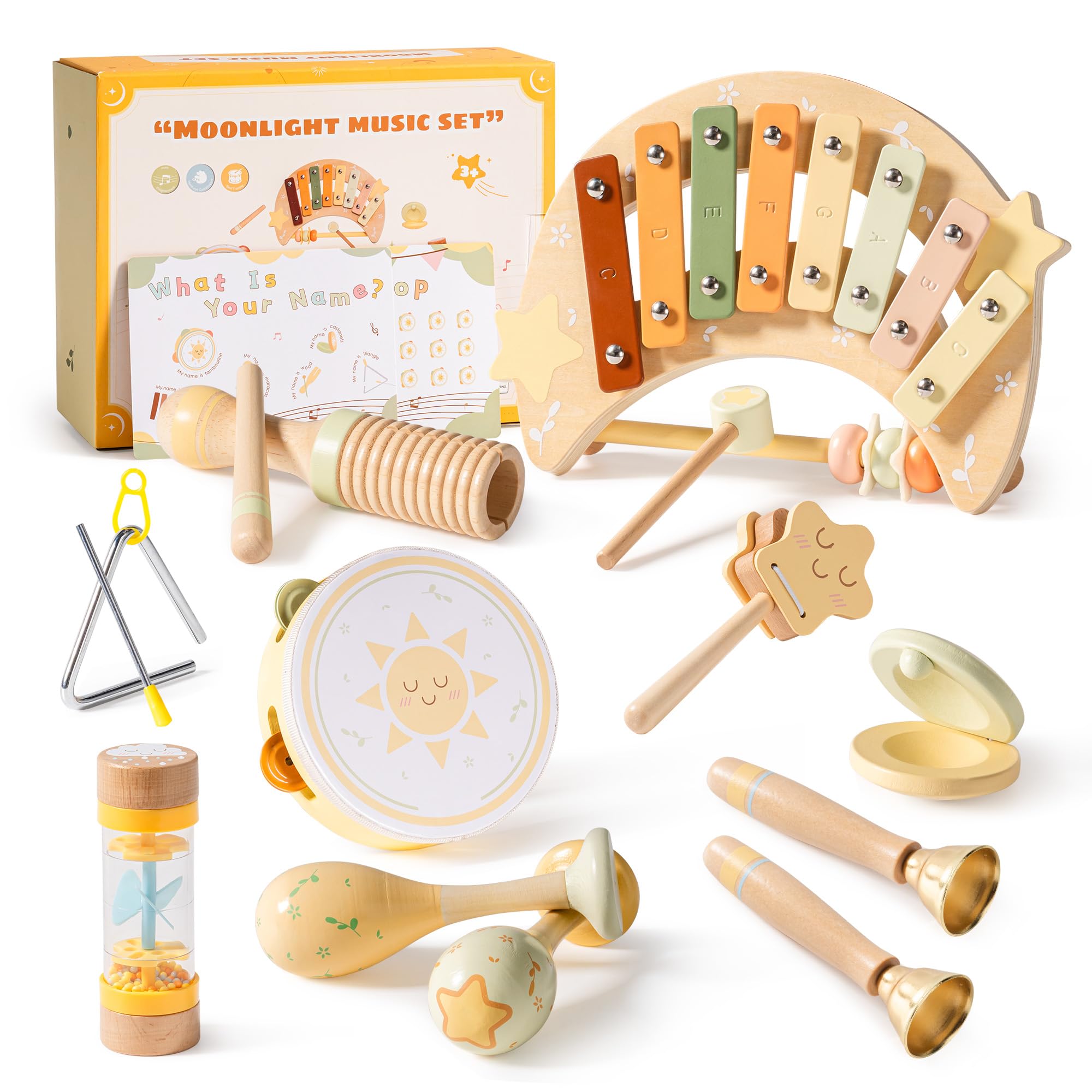 ROBOTIME Juego de instrumentos musicales de madera para bebés, lindos juguetes de percusión para niños pequeños, incluye xilófono, maracas, pandereta, triángulo y más, juguetes educativos de sonido