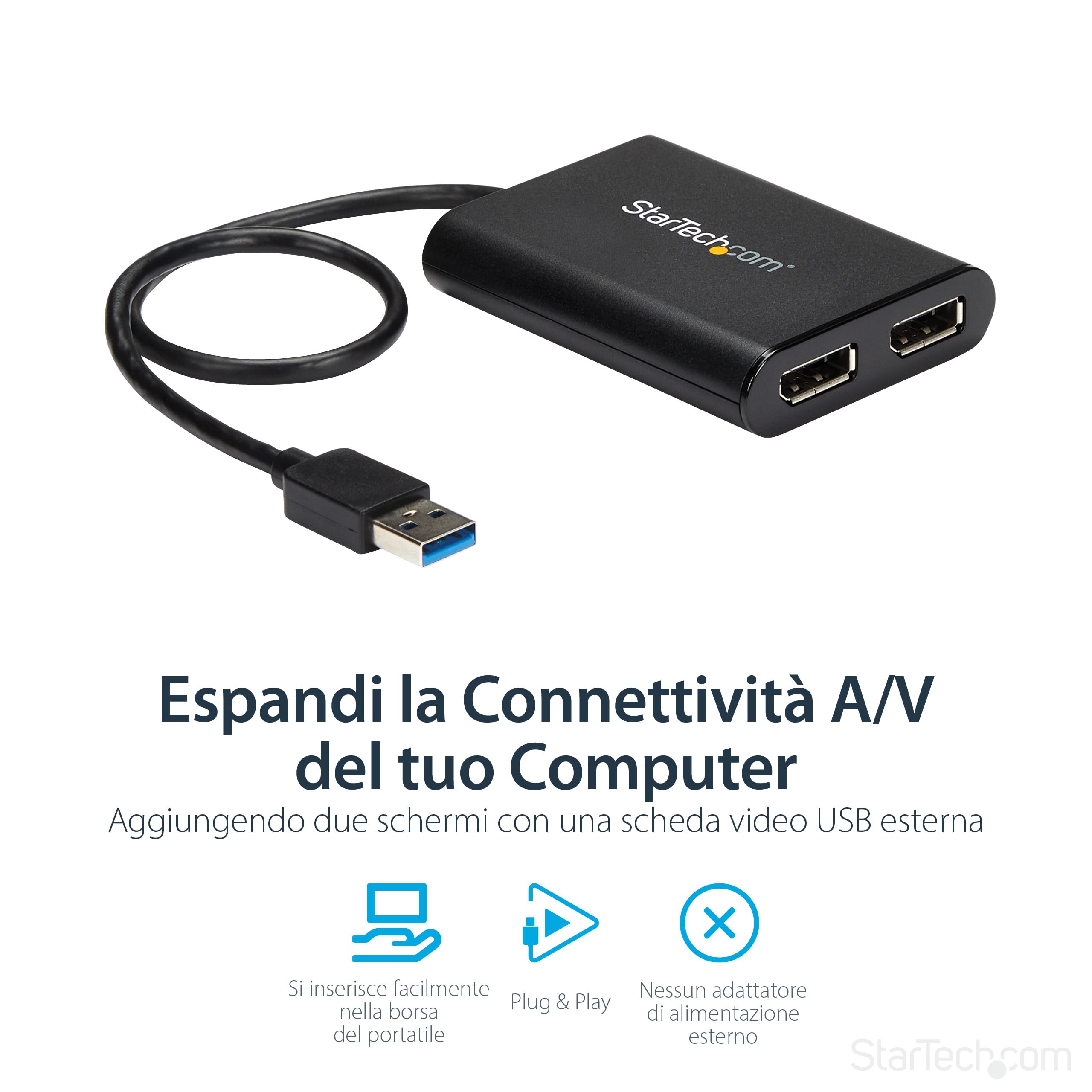 StarTech Adattatore USB 3.0 a Doppia DisplayPort, 4K 60Hz (USB32DP24K60) | 5Gbps, Convertitore Dual DisplayPort, Mac e Windows