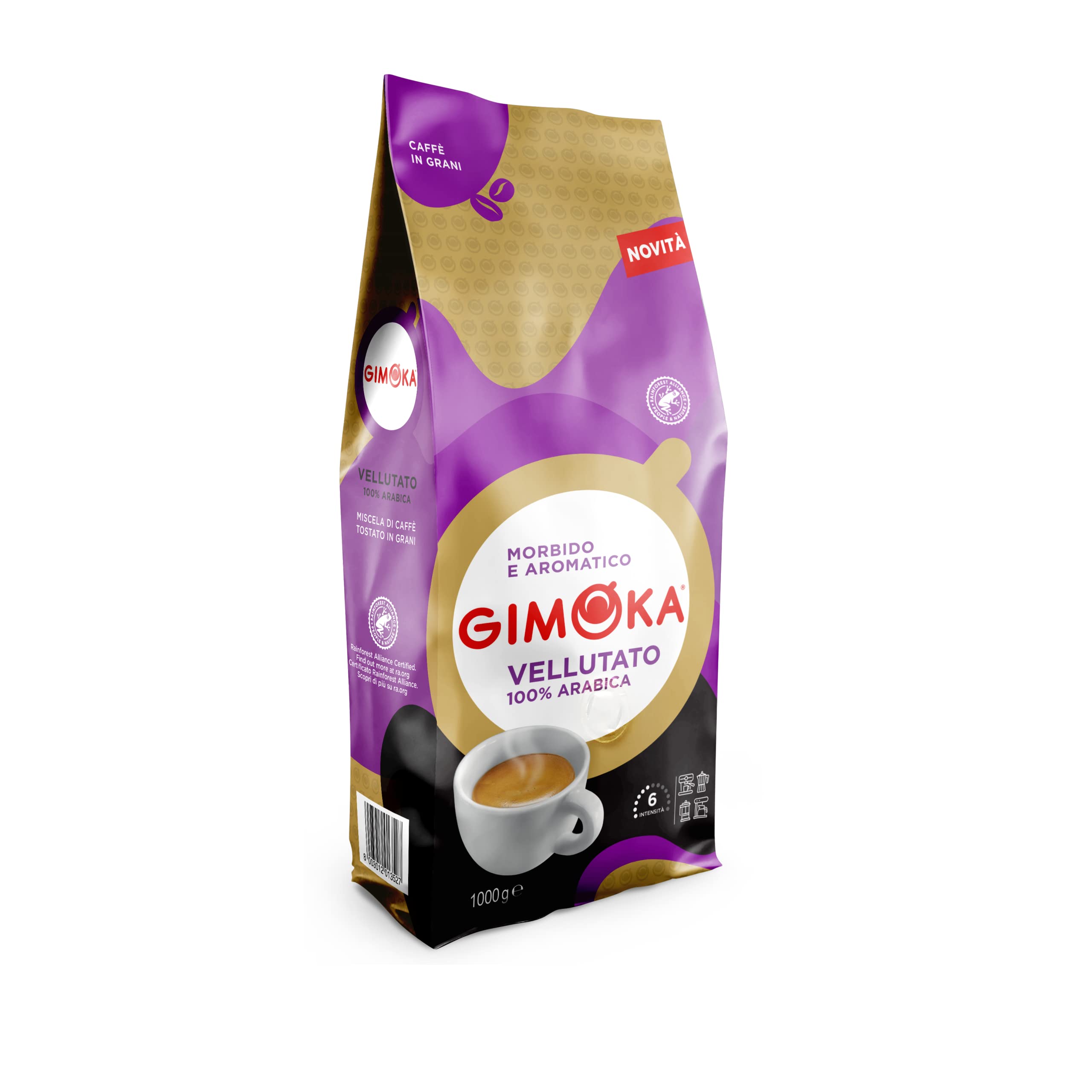Gimoka Vellutato 100% Arabica Whole Roasted Coffee Beans 1kg | Intensity 6 Velvety & Smooth Coffee | Light & Mellow Italian Espresso Blend | Perfect for Filter Coffee & Espresso