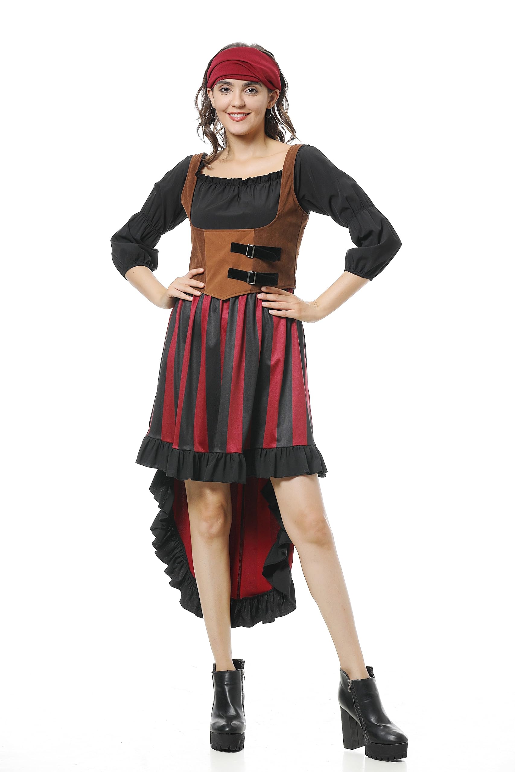 Colorful House Women Pirate Halloween Costume Dress Adult Red Pirate Outfit Renaissance Pirate Costumes with Corset