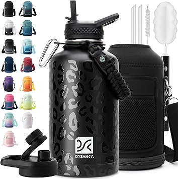 Insulated Water Bottle | Thickened Stainless Steel Vacuum Metal | Portable Sports Half Gallon Large Water Jug for Gym and Hiking with Straw, Carrier Bag, Handle Strap | BPA-Free 64 oz