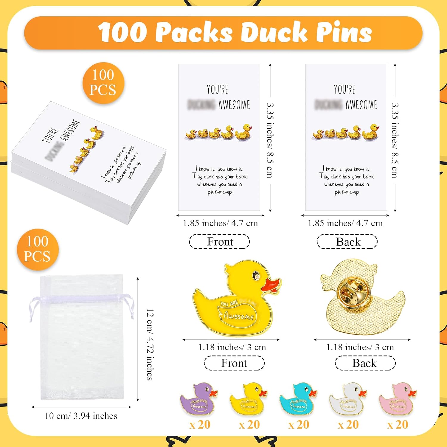 Fuutreo 100 Set Yellow Duck Brooches with You're Awesome Cheer Card Duck Pins for Employee Teacher Appreciation Back to School Gift (Multicolored)