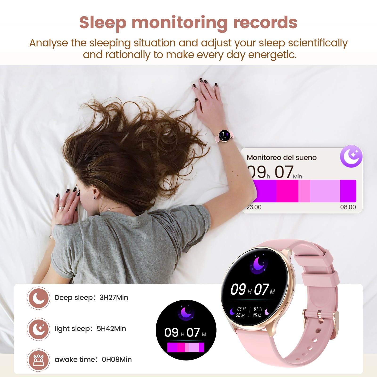 RifePhi Smartwatch Donna- 1,39'' Chiamate Bluetooth Musica Orologio Sportive Contapassi Sportive 24H Sonno Cardiofrequenzimetro SpO2 Tracker Ciclo Mestruale Controllo Sonno per Android iOS