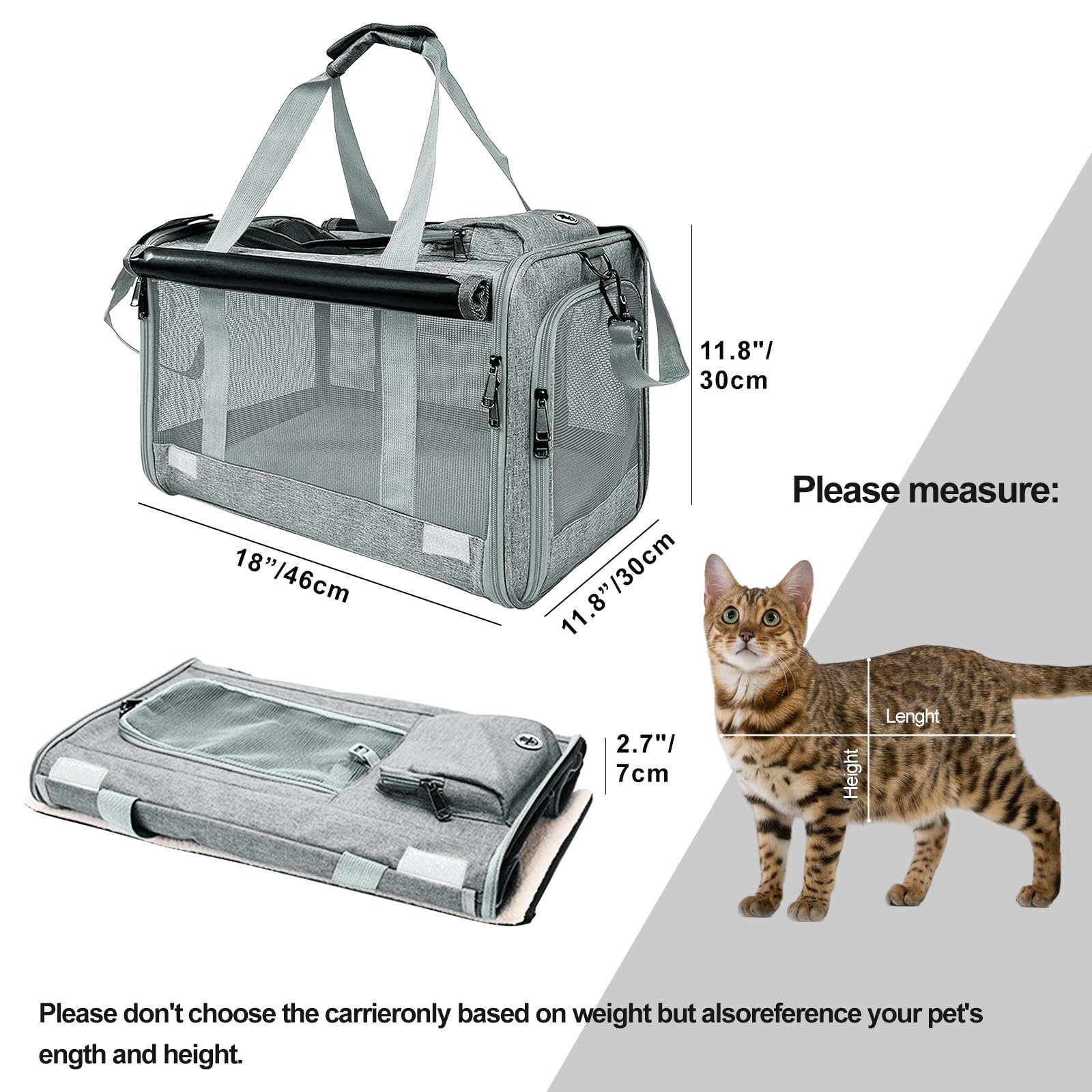 Sac de Transport pour Chat Pliable – Caisse Transport Chat 46×30×30cm avec Filet Respirant, Cache-Vue et Poche – Sac Chat Transport pour Chats et Petits Chiens ≤9kg