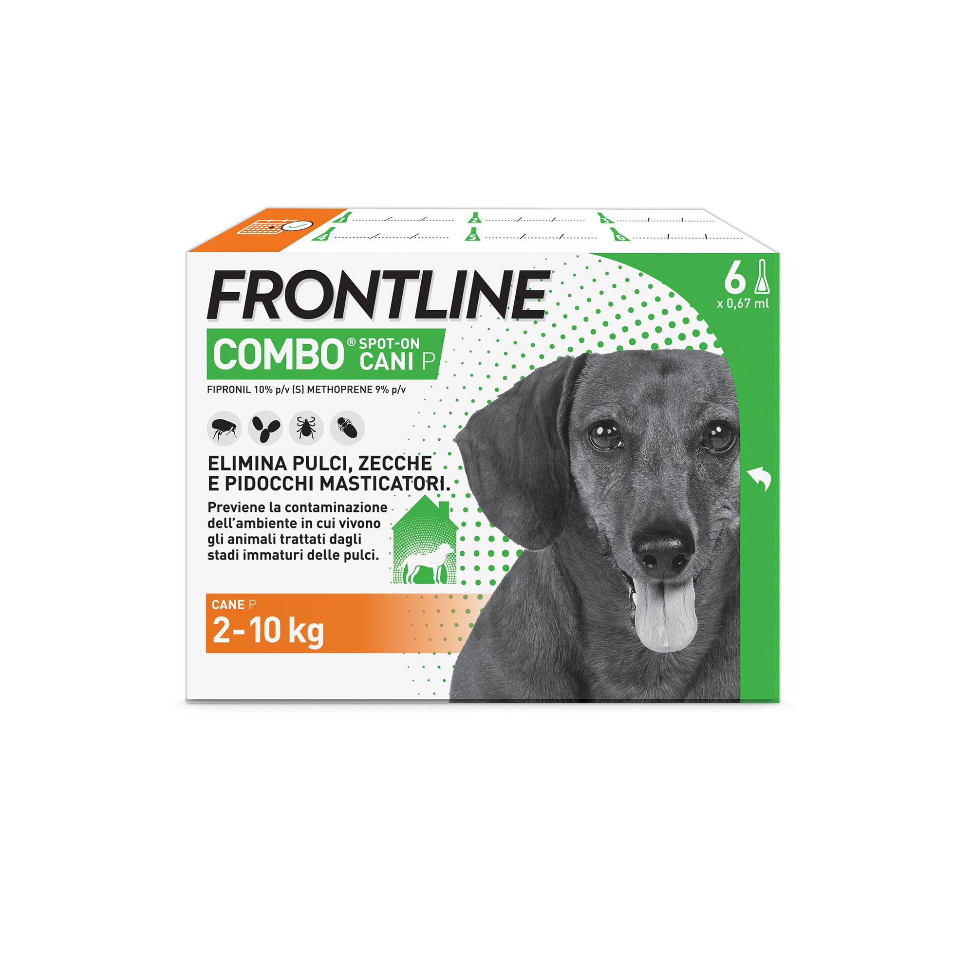 FRONTLINE Combo, 3+3 Pipette, Cane Taglia S (2-10 kg), Antiparassitario per Cani e Cuccioli di Lunga Durata, Protegge il Cane e Anche la Casa da Pulci, Zecche, Uova e Larve, Antipulci 6 Pipette