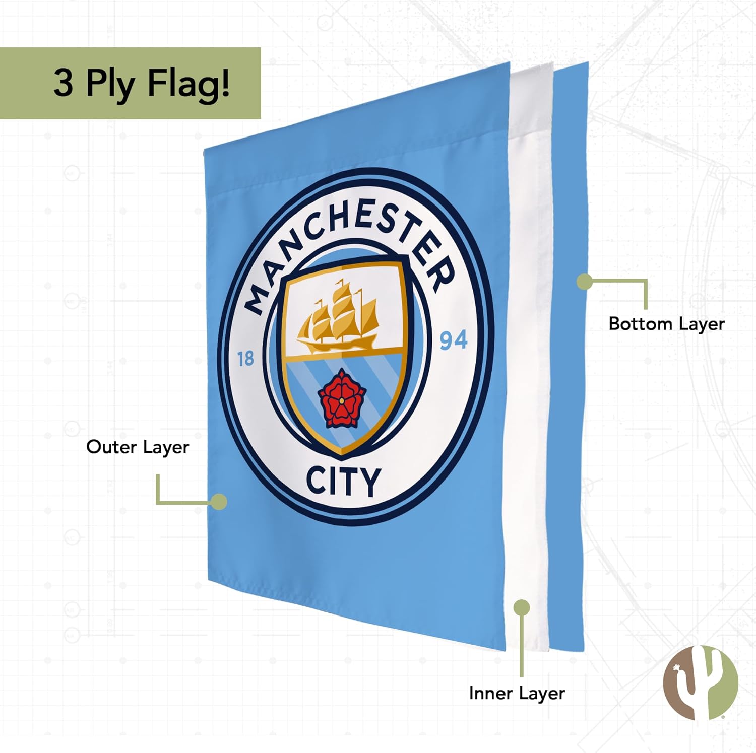 Desert Cactus Manchester City Football Soccer Man City MCFC Banner Flag - 40 x 30 inch Double-Sided 3-Ply Banner for Indoor/Outdoor Use, Durable College Spirit Flag (House Flag A)