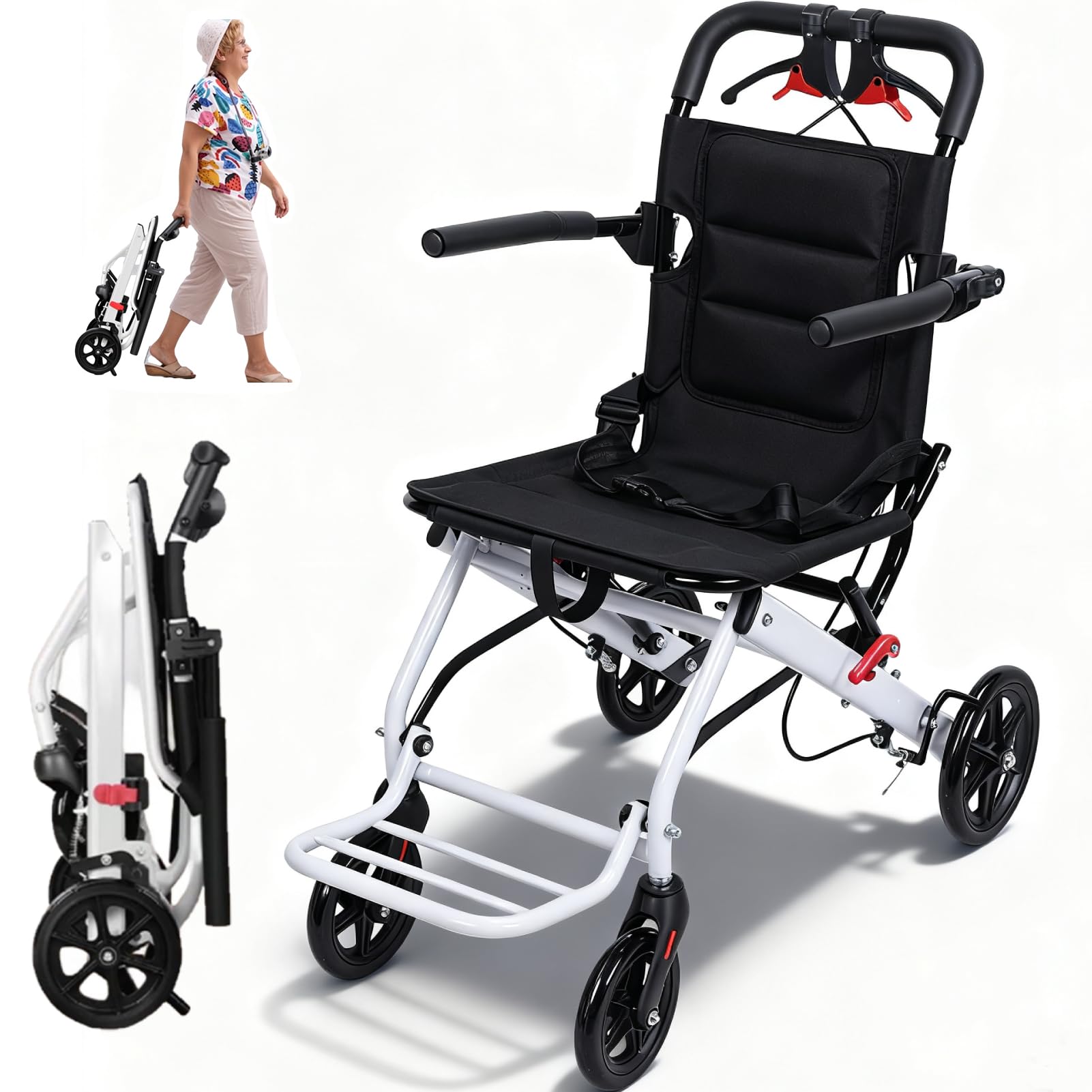 Silla de ruedas de transporte ligera de 14 libras, silla de transporte plegable para adultos mayores, 180 libras, silla de ruedas de viaje de aluminio con ruedas grandes para ancianos, color