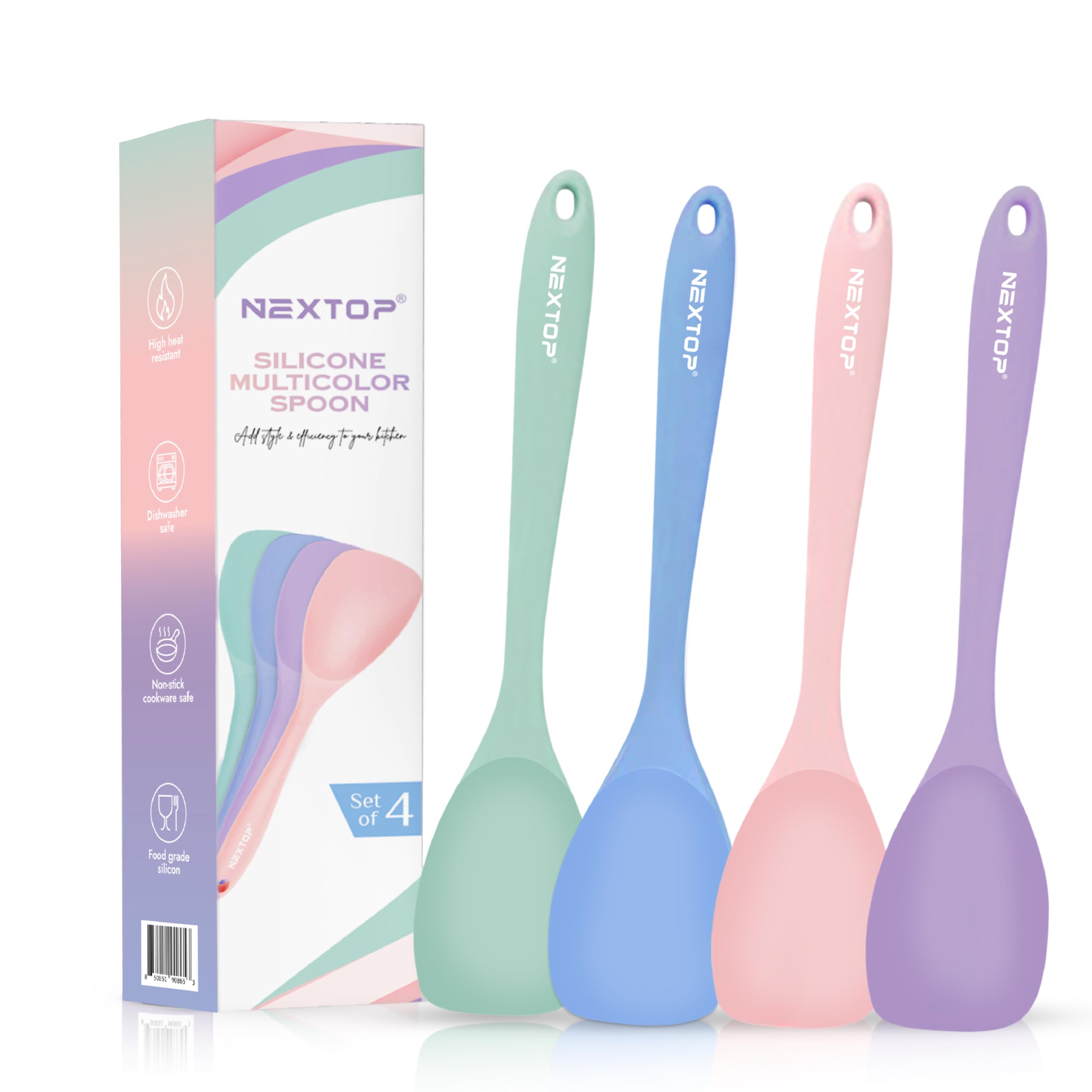 NEXTOP Silicone Spoon Spatula Set of 4 - Heat Resistant Non-Stick Rubber Spoonula, Seamless Silicone Kitchen Scraper Utensil - Mixing, Baking & Cooking Scrapers (MultiColour)