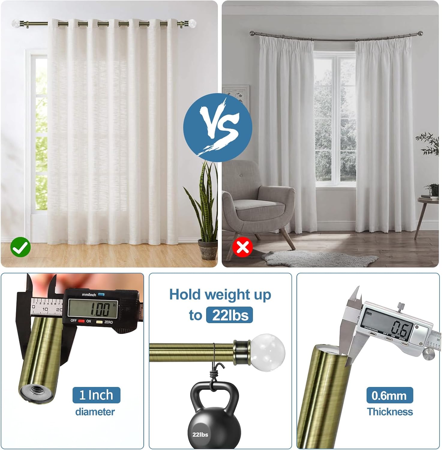 Urbanest Crystal Ball Manhattan 1" 3/4" Double Drapery Curtain Window Rod Set - 28" to 48", Antique Brass