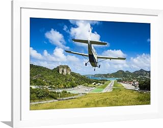 Art.com Framed Wall Art Prints Small airplane landing at the airport of St. Barth (Saint Barthelemy), Lesser Antilles, West Indies by Michael Runkel, Transportation Decor, 36" x 24", White Frame with White Mat