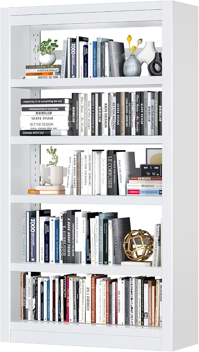 Bookshelf,6-Tier Adjustable Steel Book Shelf,61" H Heavy Duty Metal Bookcase for Home/Office/Garage,White Shelf (White, 61" Tall)