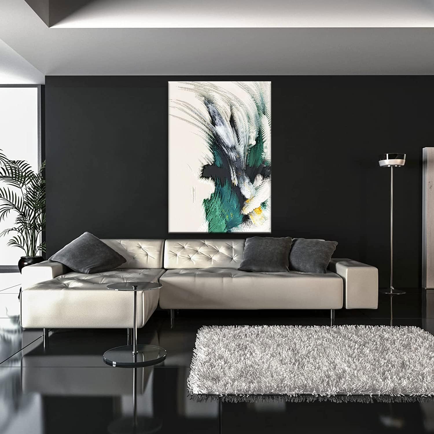 Large Framed Abstract White Green Canvas Wall Art Modern Line Decor Picture Emerald Green Texture Zen Prints Painting for Living Room Office Porch Stair Corner Ready to Hang