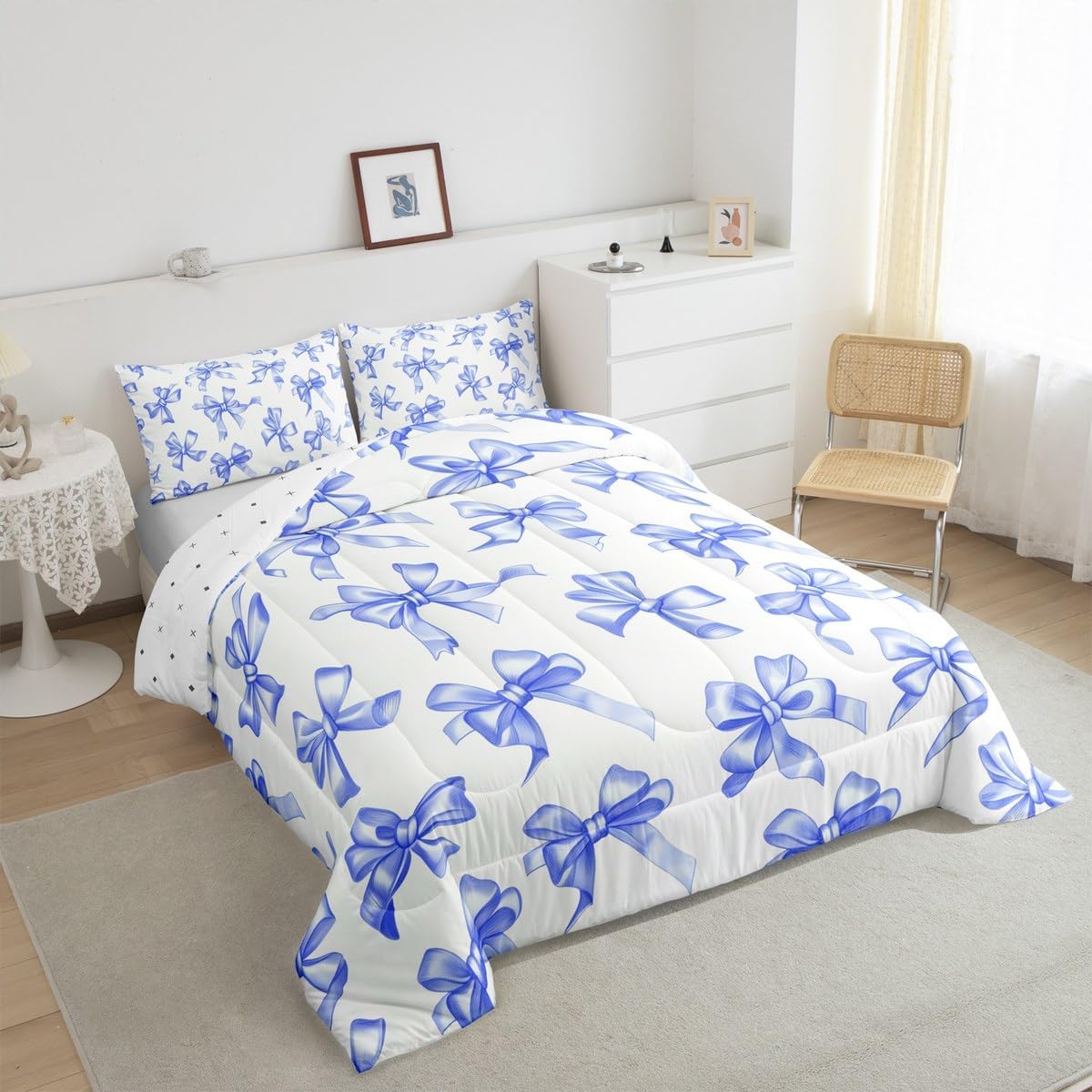 Girly Bowknot Kids Bedding Sets 3D Bow Tie Gradient Print Reversible Comforter for Boys Watercolor Cute Princess Style Quilt Set Soft Duvet Insert,1 Pillowcase Toddler Size