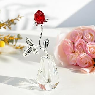 H&D HYALINE & DORA Crystal Rose Flower Figurine Ornament Glass Flower Tabletop Decorations Wedding Anniversary Valentines Gift for her (Red Rose with Sliver Metal Stem)