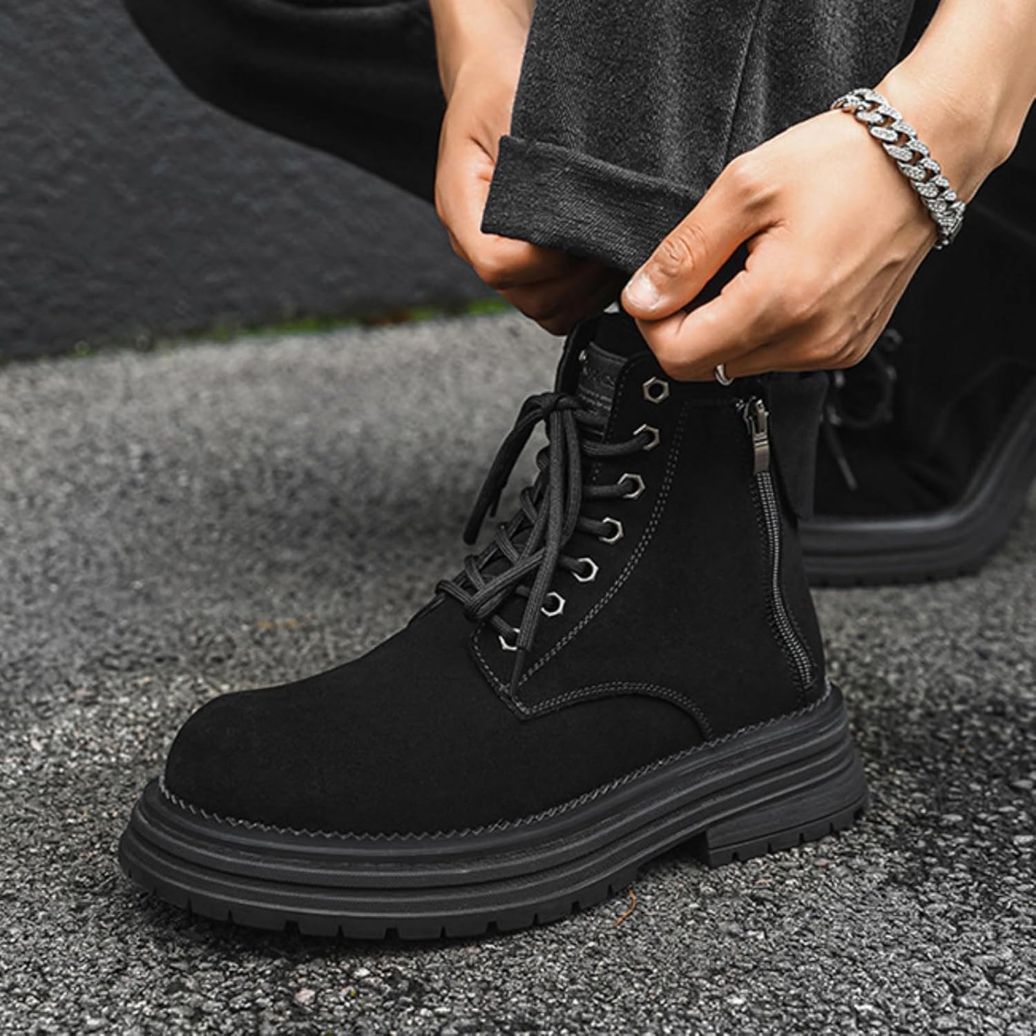 Men'S Leather Thick Soled Combat Boots Stylish Side Zip Lacing With Wide Thick Heel And Rubberized Sole Anti-Static And Slip Resistant High Top Motorcycle Boots Dancing Style Short Boots