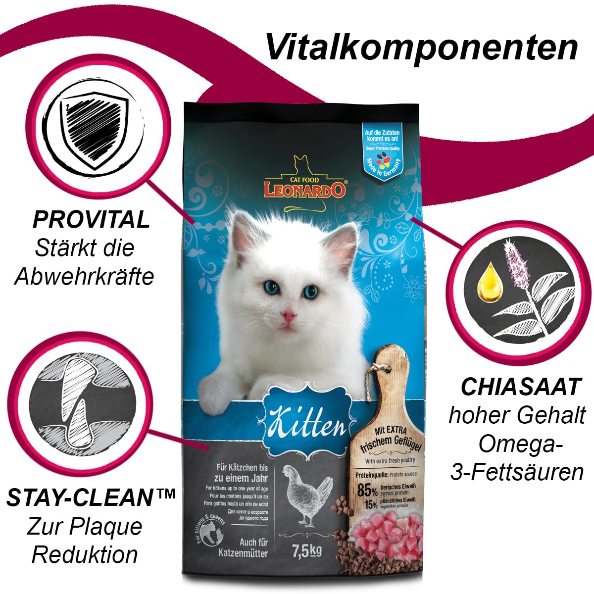 Leonardo Kitten 1x 7,5 kg, Trockenfutter mit Geflügel , für Katzen bis zu einem Jahr