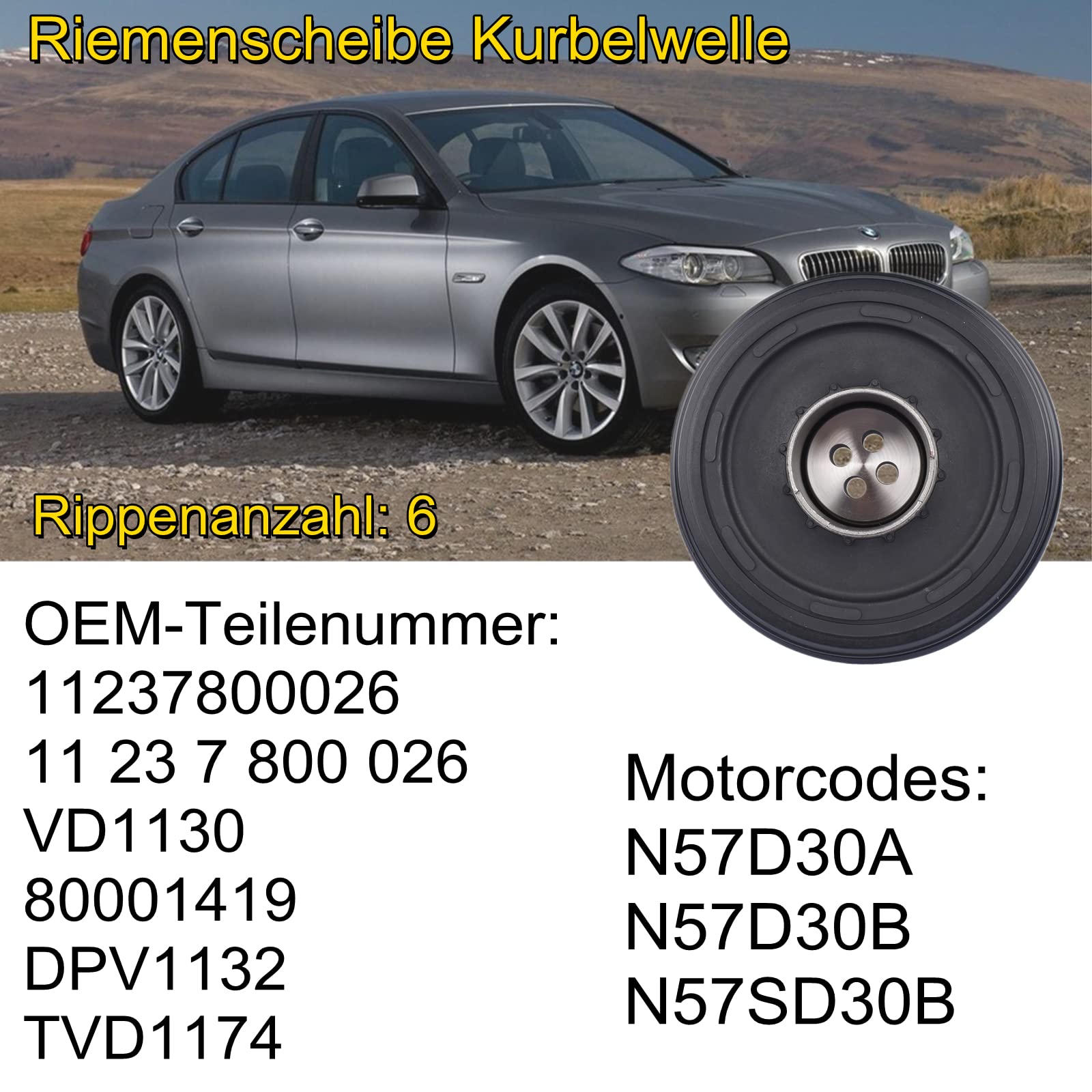 11237800026 Riemenscheibe Kurbelwelle Kompatibel mit 5er F10 F11 525d 530d 535d 7er F07 F01 F02 F03 F04 730d 740d X5 E70 X6 E71 E72 30d 40d 3.0 N57D 80001419 Bisenya