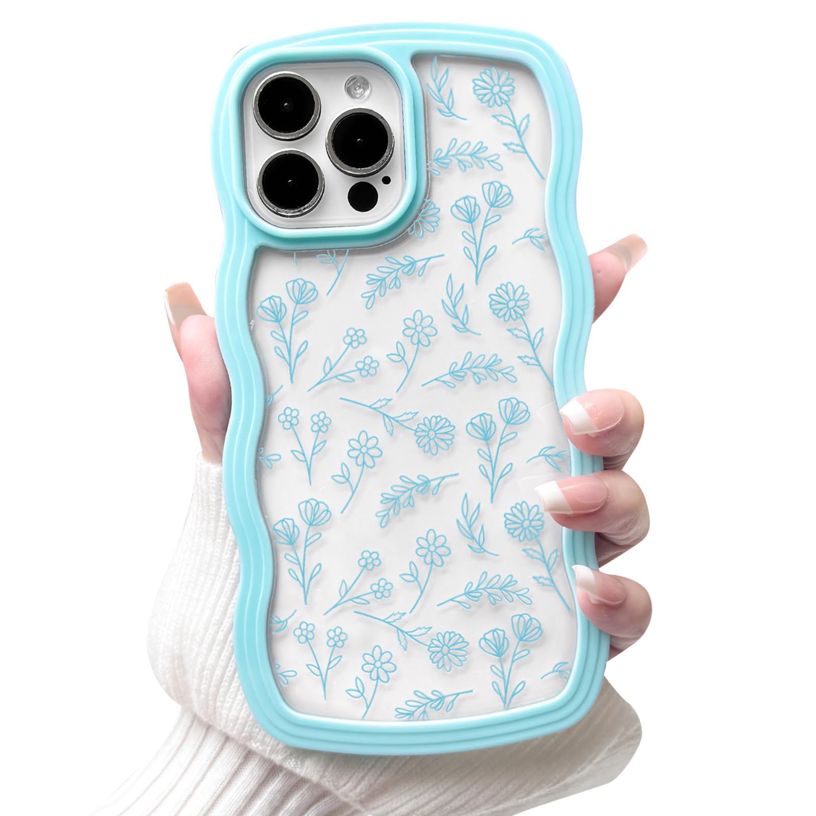NITITOP Compatible for iPhone 15 Pro Max Case Cute Clear Flower Floral Leave Curly Blue Wave Frame Shape Wavy Shockproof Soft TPU 2 in 1 Protective