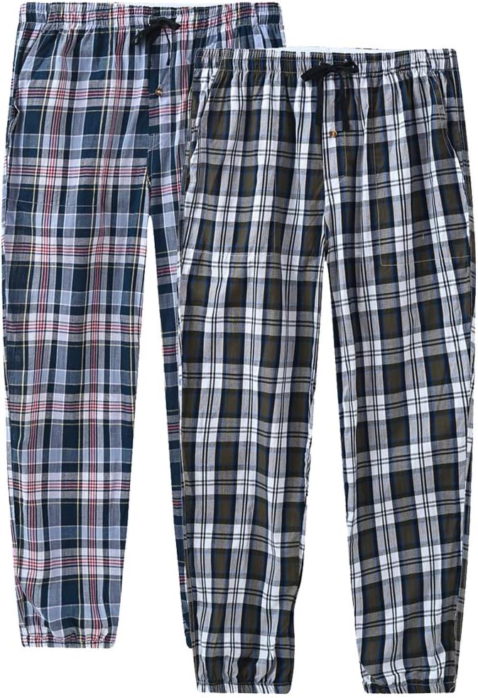 Mens Pajama Bottoms Sleepwear Soft Cotton Plaid Lounge Wear Pants