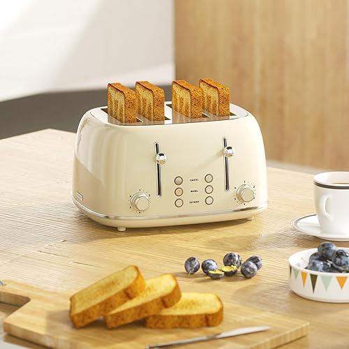 Miniatura 8 de Tostadora de 4 rebanadas, retro, de acero inoxidable, con 6 ajustes de tostado de pan, ranuras de 1.5'' de ancho, con funciones de cancelar,