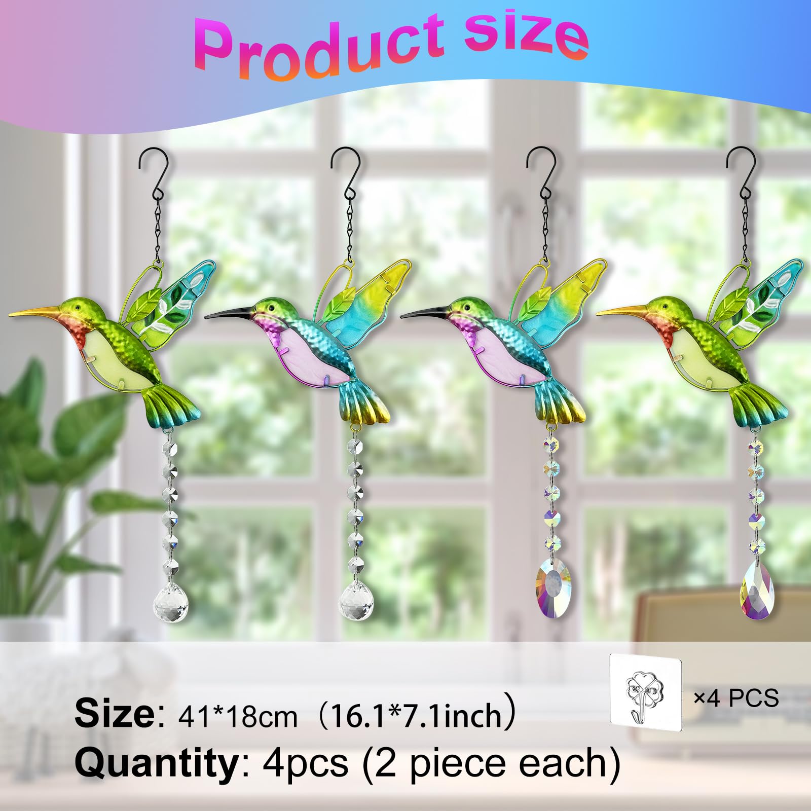 4 acchiappasole a colibrì, 41 x 18 cm, con cristalli Suncatcher da appendere, con 4 ganci per finestre, giardino, camera da letto, matrimonio, ecc