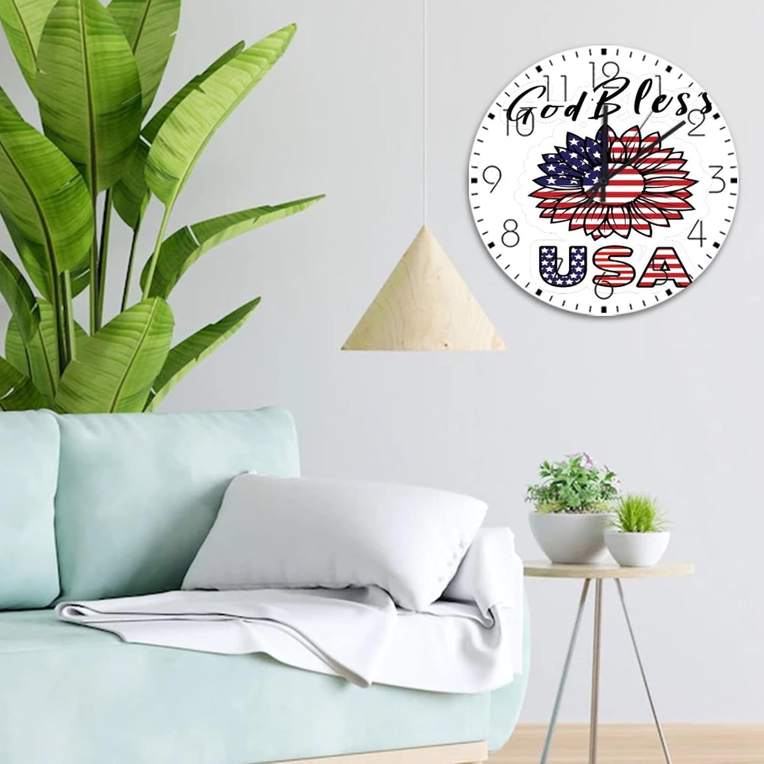 Minimalist Wood Clock Silent Non-Ticking Large Numbers Battery Operated 4th of July God Bless America USA Retro Wall Clocks American Flag Coffee Decor for Restaurant Hotel Dining Room 15 Inch