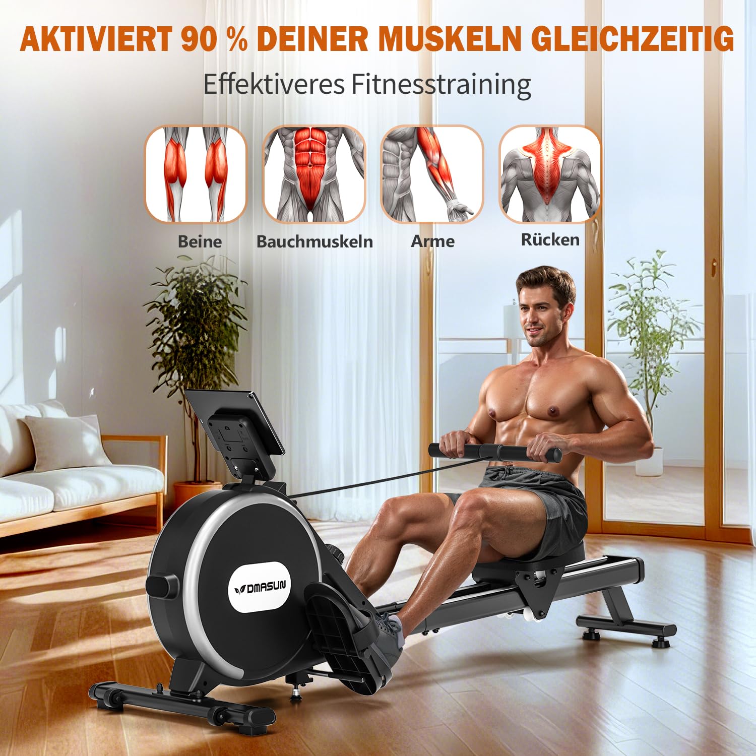 Rudergerät für Zuhause, DMASUN Leises Magnetisches Rudergerät mit 16 Widerstandsstufen, Upgrade Doppel-Slide-Rails, APP-Verbindung, LCD-Datenanzeige, ideal für Cardio-Training, Belastbar bis 160kg