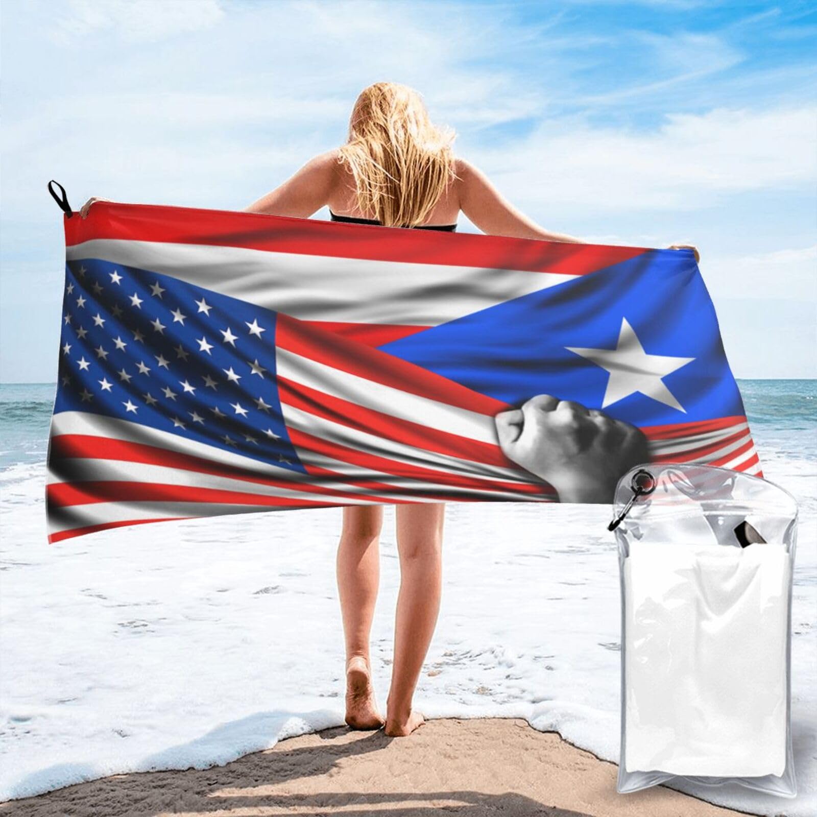 HACXZ Beach Towel America Flag and Puerto Rico Flag Microfiber Beach Towel Lightweight Absorbent 31.5"X63"