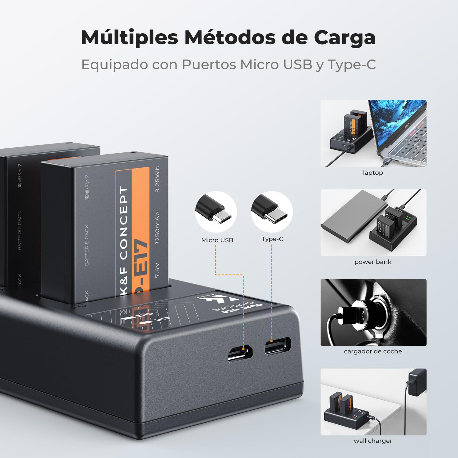 K&F CONCEPT LP-E17 2 Pack Batería de Repuesto con Cargador Dual USB, 1250mAh Compatible con Cámara Canon EOS RP Rebel T8i SL2 SL3 T6i T6s T7i EOS M3 M5 M6 Mark II 200D 77D 750D 760D 800D