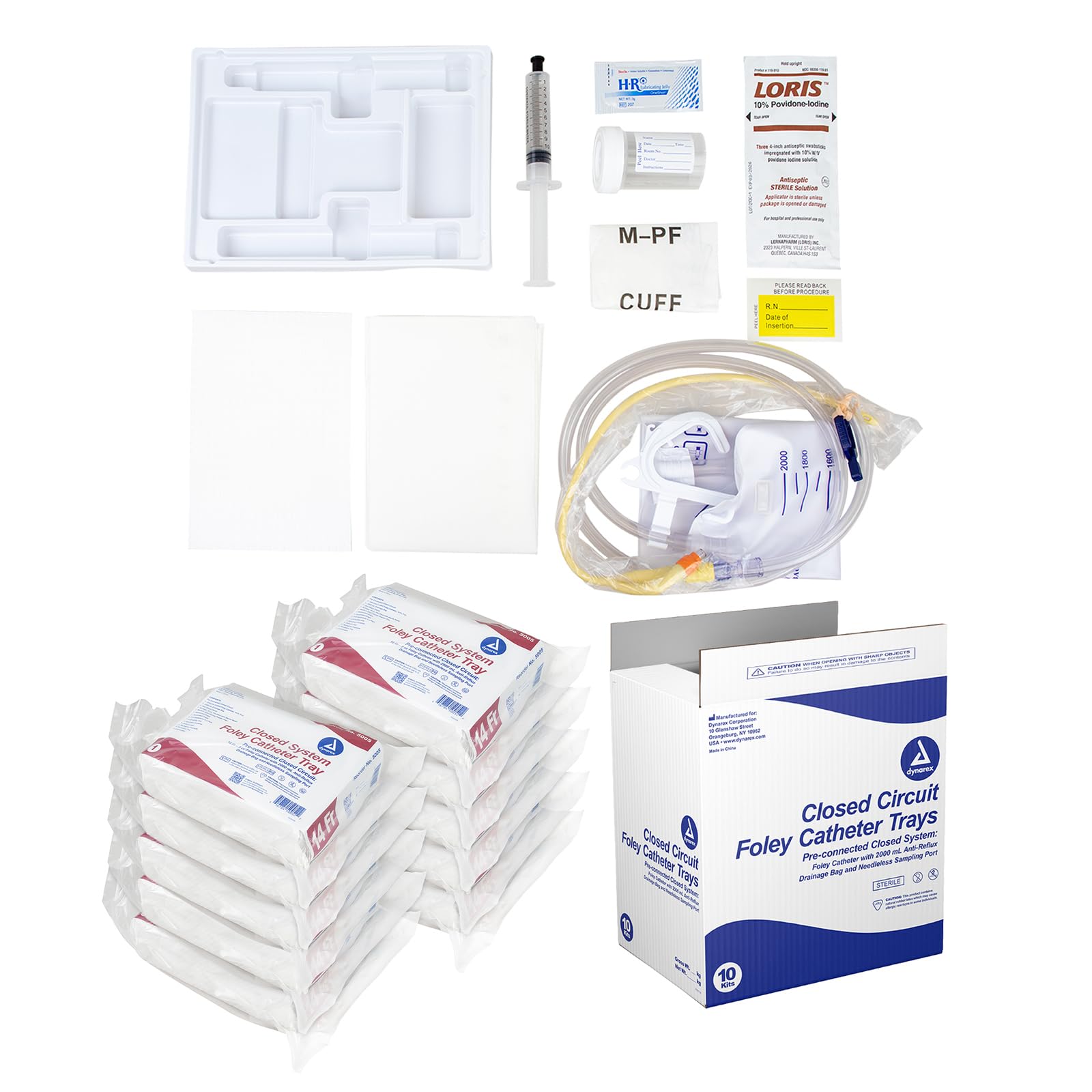 Dynarex Closed System Foley Catheter Trays - Complete, Ready To Use Catheter Kit With Insertion Supplies - Single-Use, Sterile - 14FR, 10 Per Case