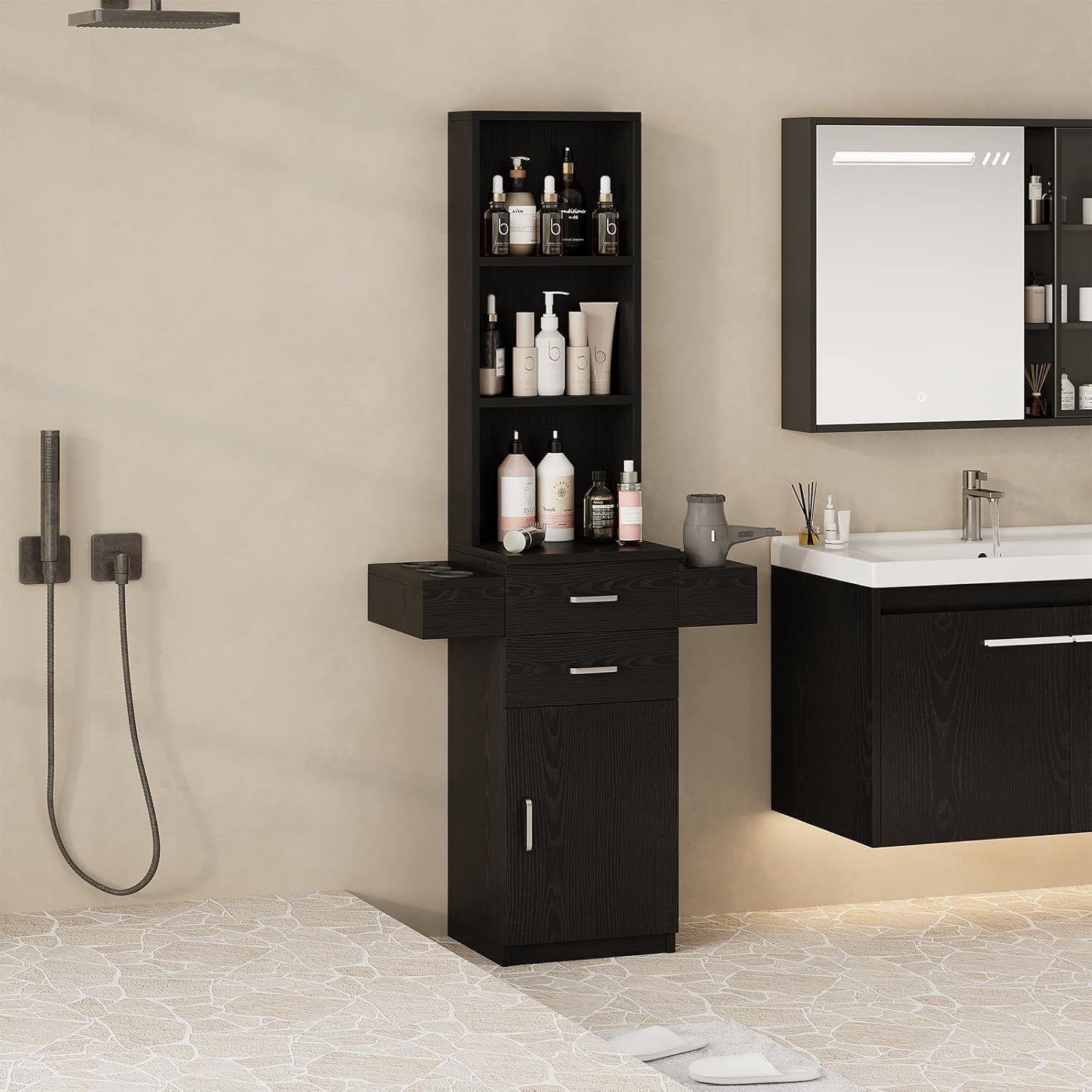 4ever2buy Salon Station for Hair Stylist, Black Barber Station Hair Salon Station, Hair Station Equipment Hair Dryer Holder, Black