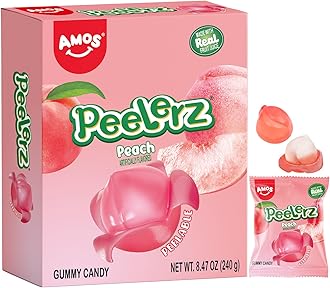 AMOS Peelerz Gummy Peach Candy, Peelable Fruit-Shaped Candy, 8.47oz Box with 10 Individual Packs – Fun Peeling Gummy Snack Made with Real Juice