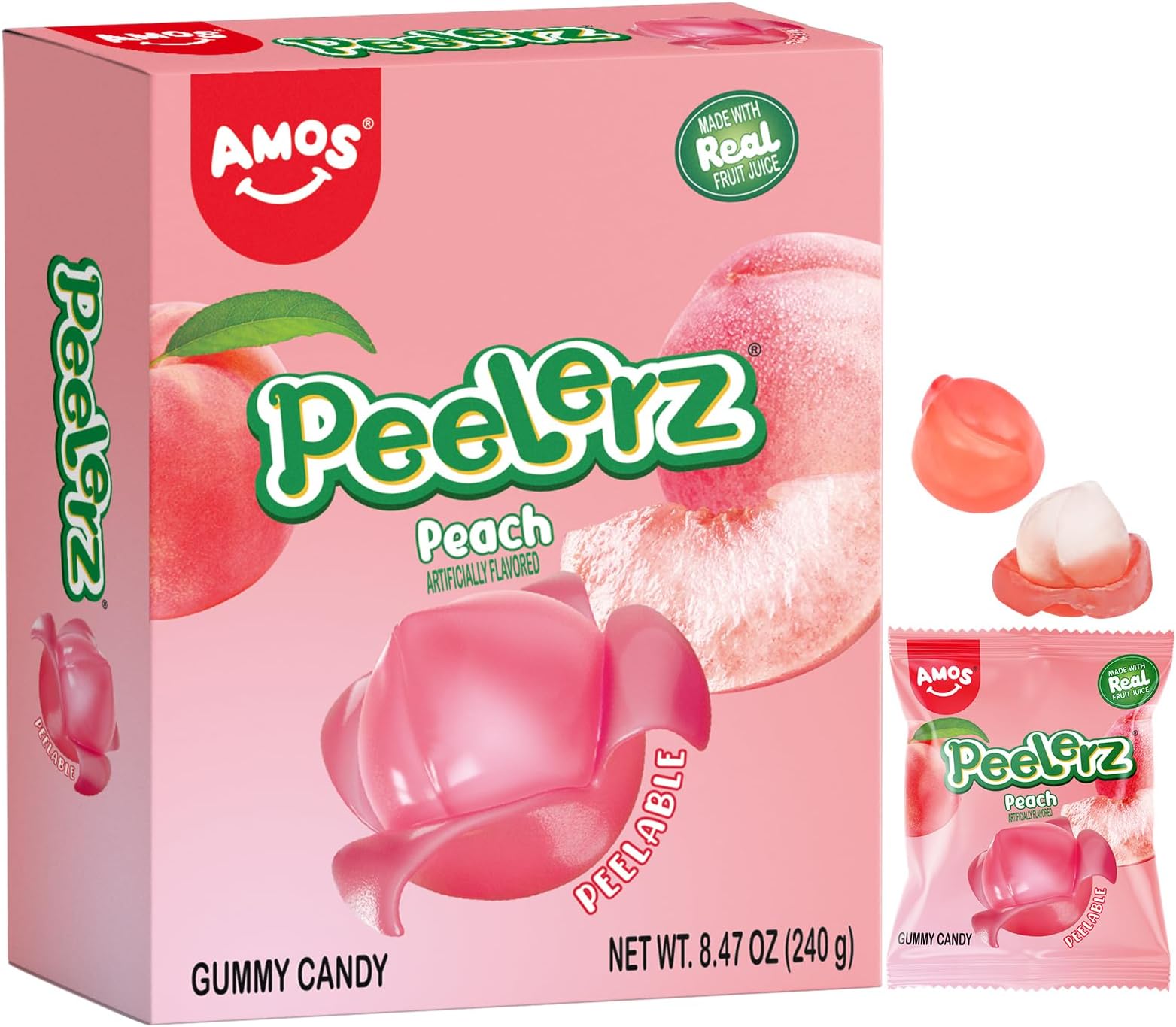 AMOS Peelerz Gummy Peach Candy, Peelable Fruit-Shaped Candy, 8.47oz Box with ...