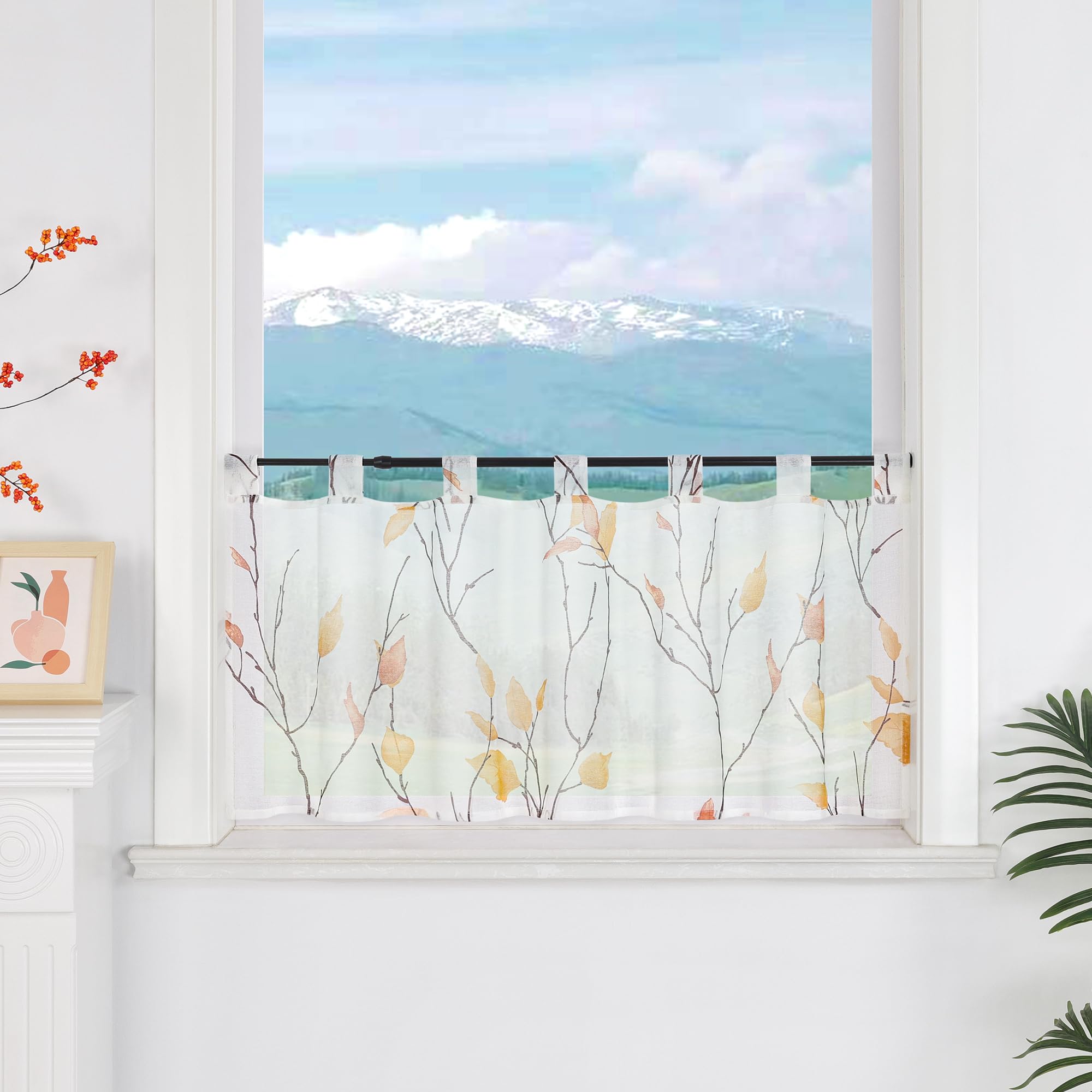 Delien Scheibengardinen Küche Für Fenster Wohnzimmer Kinderzimmer Voile Gardine Kurzstore Bistrogardine Mit Blattmuster,Transparent,Lichtdurchlässig,Mit Schlaufen,Orange,BxH 90x45cm