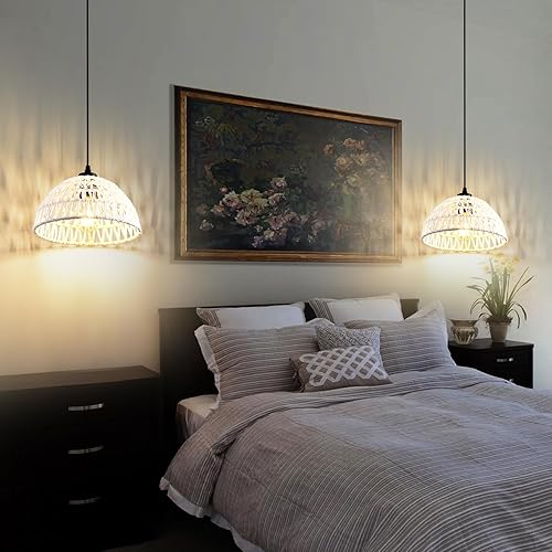 Miniatura 4 de 3 Pack Woven Pendant Light Fixtures,10.2" White Rattan Pendant Lights Farmhouse Basket Light Fixture Adjustable Boho Hanging Lamp for Kitchen Island