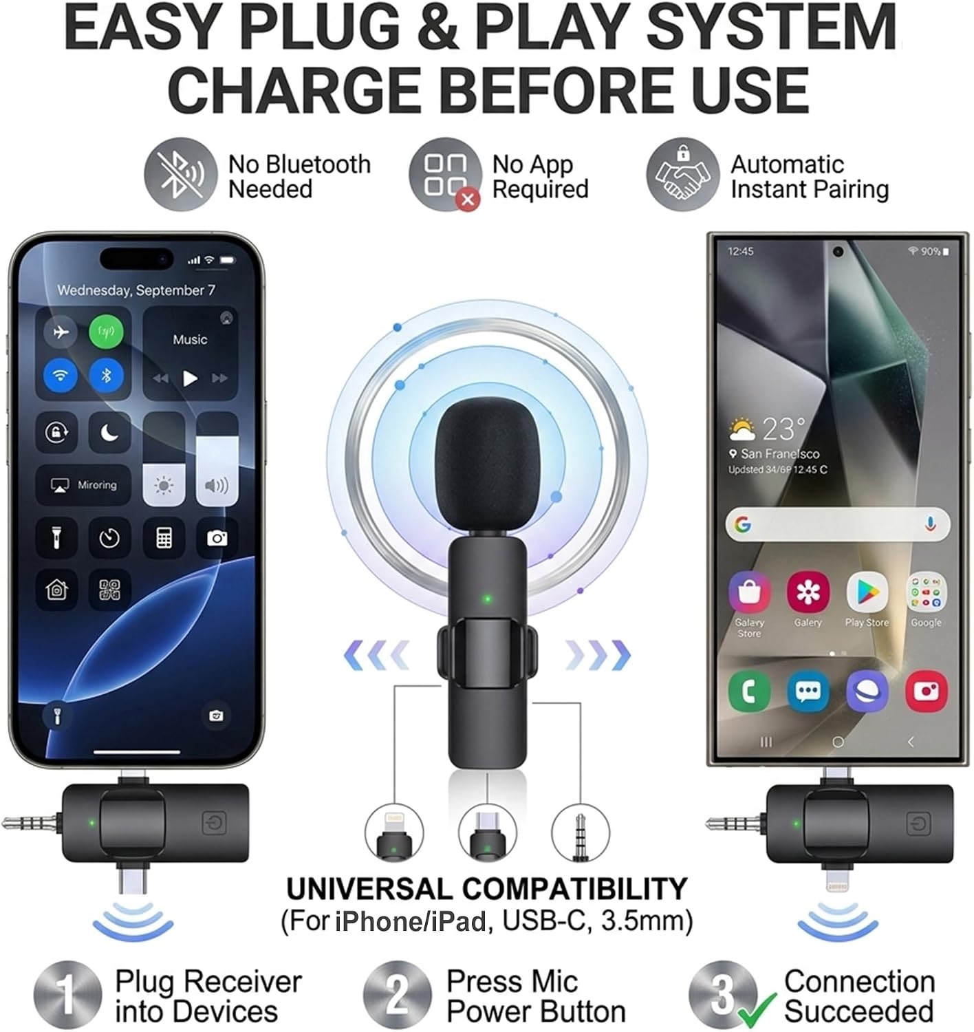 3-in-1 Professional Wireless Lavalier Microphone for iPhone Android Camera, 2-Pack Universal Clip-on Lapel Mic for Video Recording, YouTube Podcast Vlog TikTok Live Streaming, Content Creator thumbnail