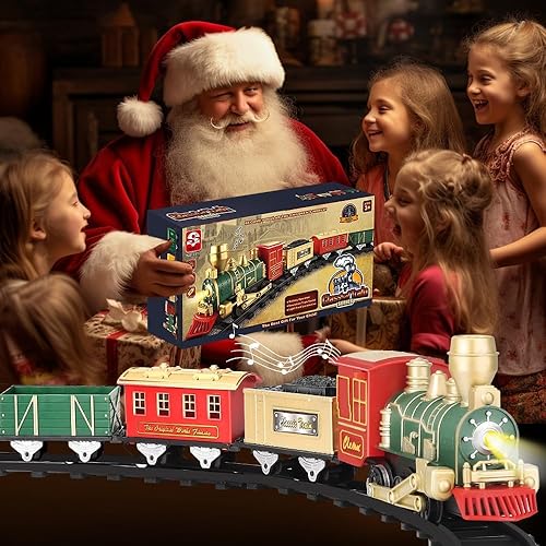 Miniatura 7 de Juego de tren de Navidad para árbol, tren de juguete eléctrico con luz y sonidos, tren para niños con 10 pistas para niños de 3 a 8 años, juego de